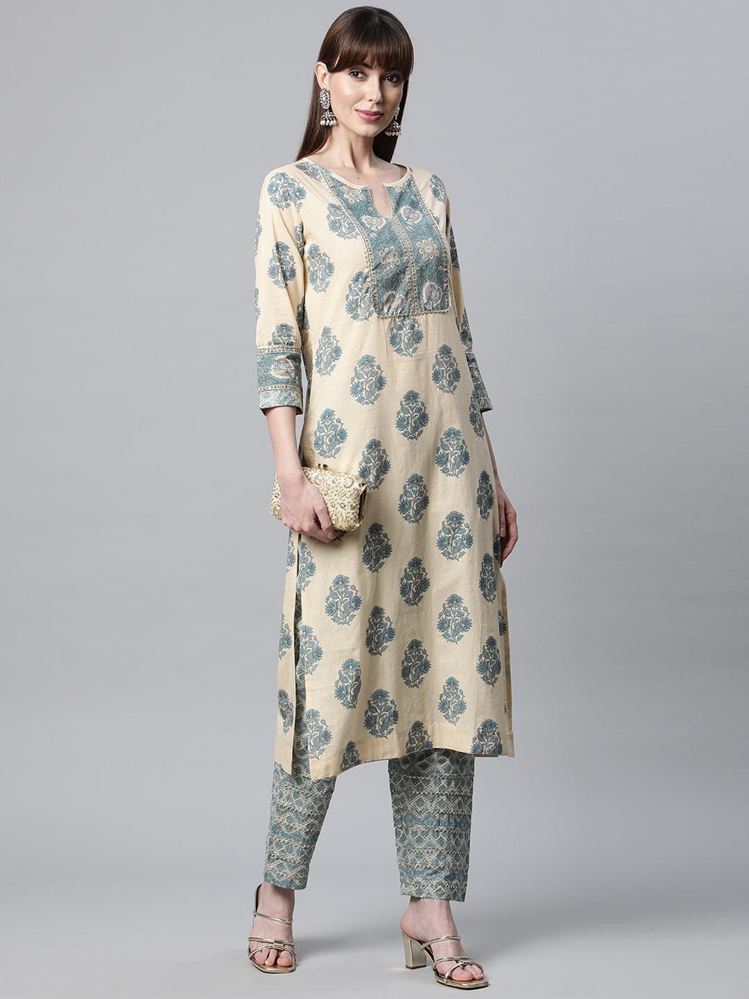 Floral-patterned Beige Cotton Straight Kurta Pant Set in cream and blue tones