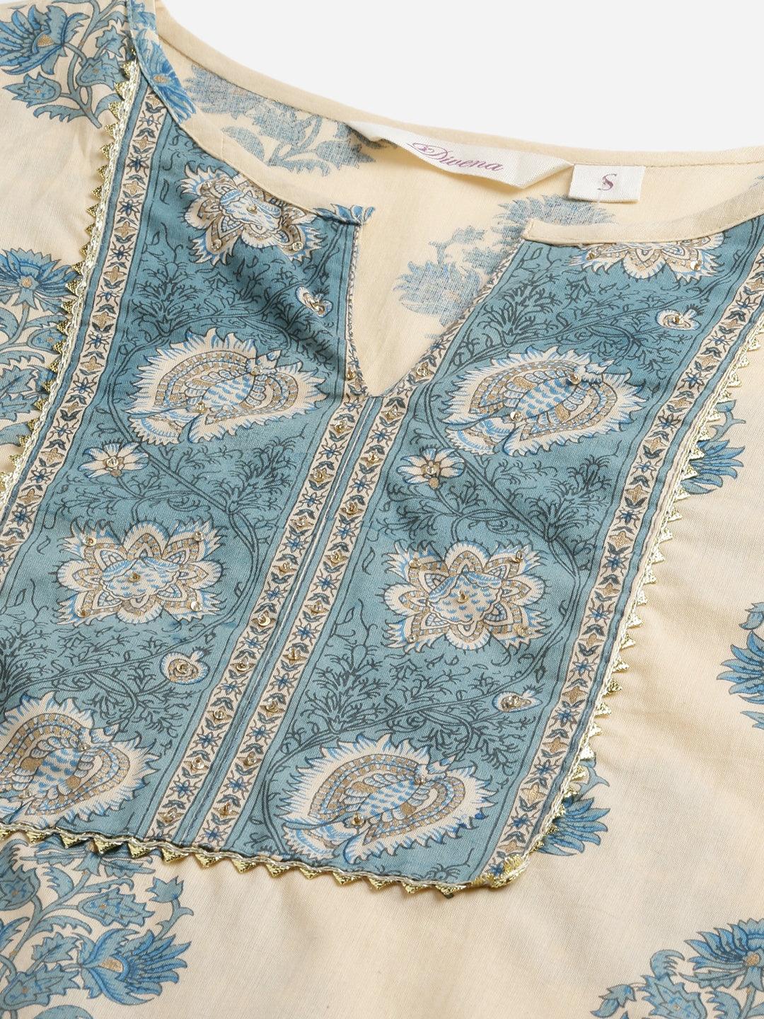 Ornate blue and cream paisley embroidery on Beige Cotton Straight Kurta Pant Set