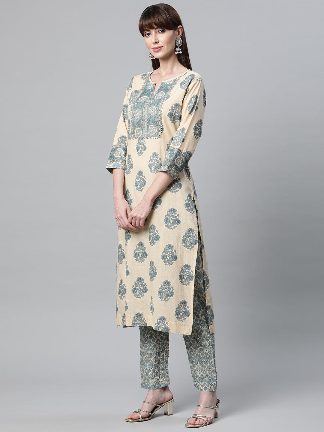 Floral-patterned Beige Cotton Straight Kurta Pant Set in cream and blue tones