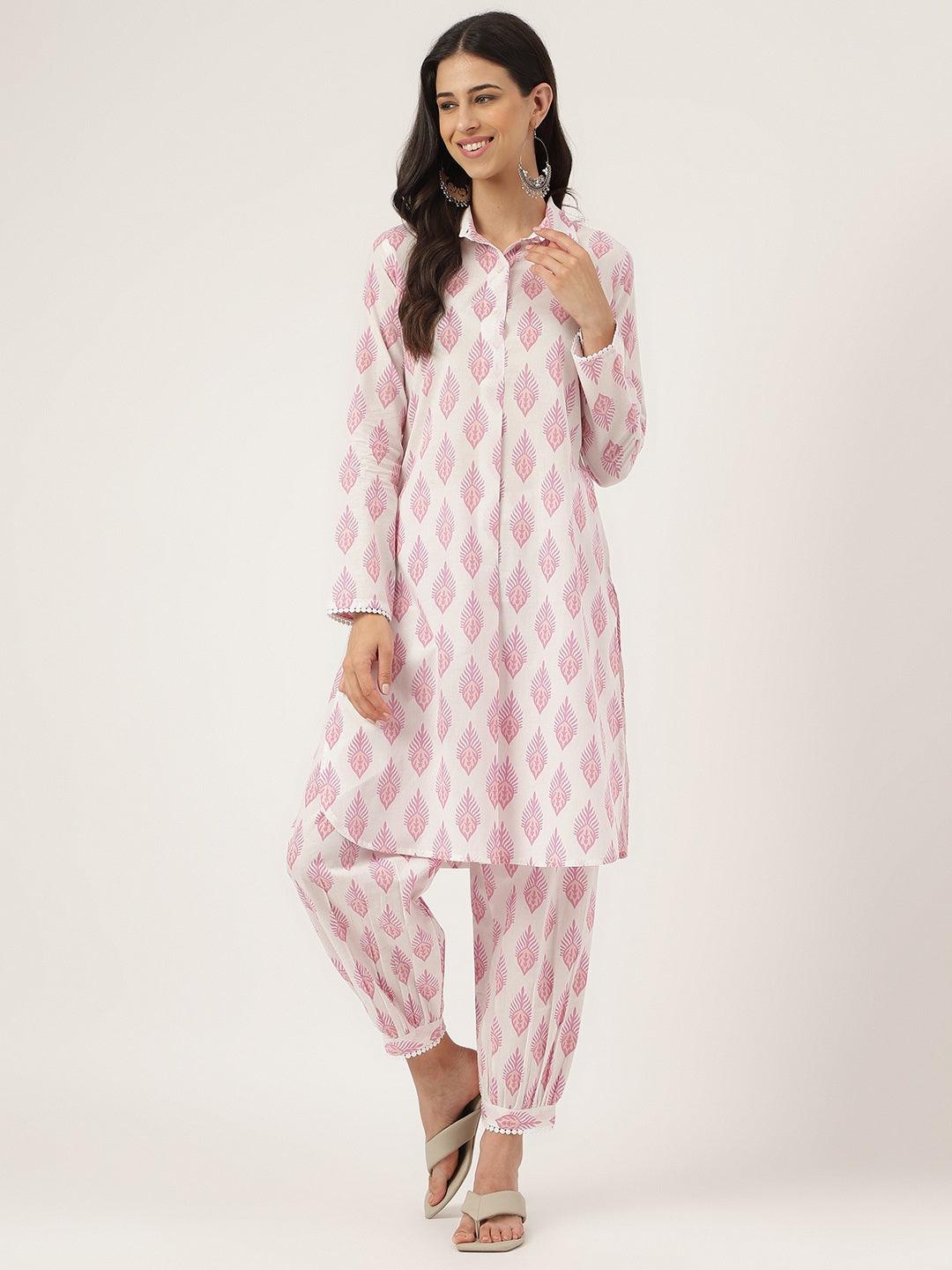 Woman in pink and white patterned cotton straight kurta and hem cuffed pants set