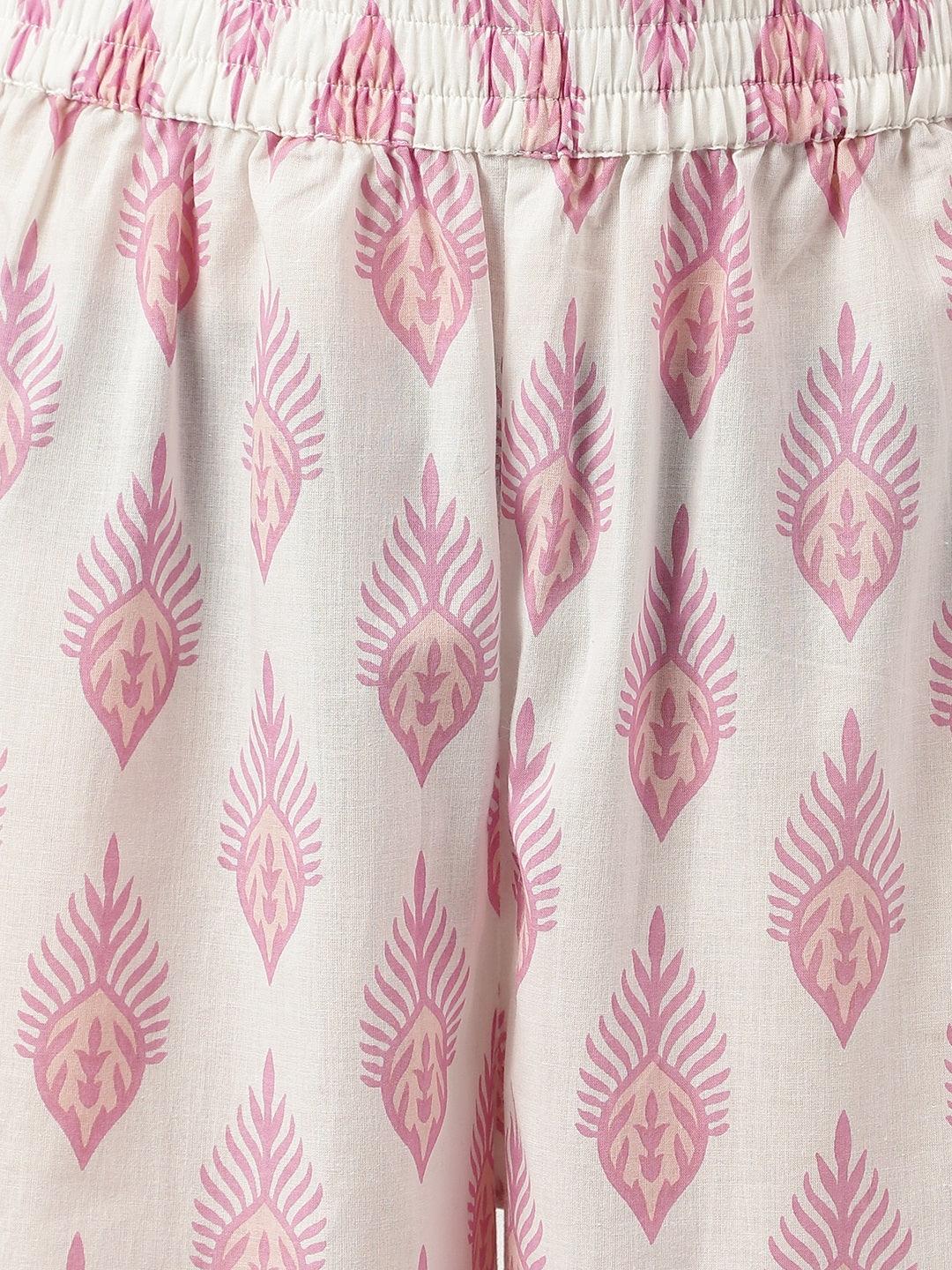 Fabric with pink feather pattern on white for White Cotton Straight Kurta Hem Cuffed set