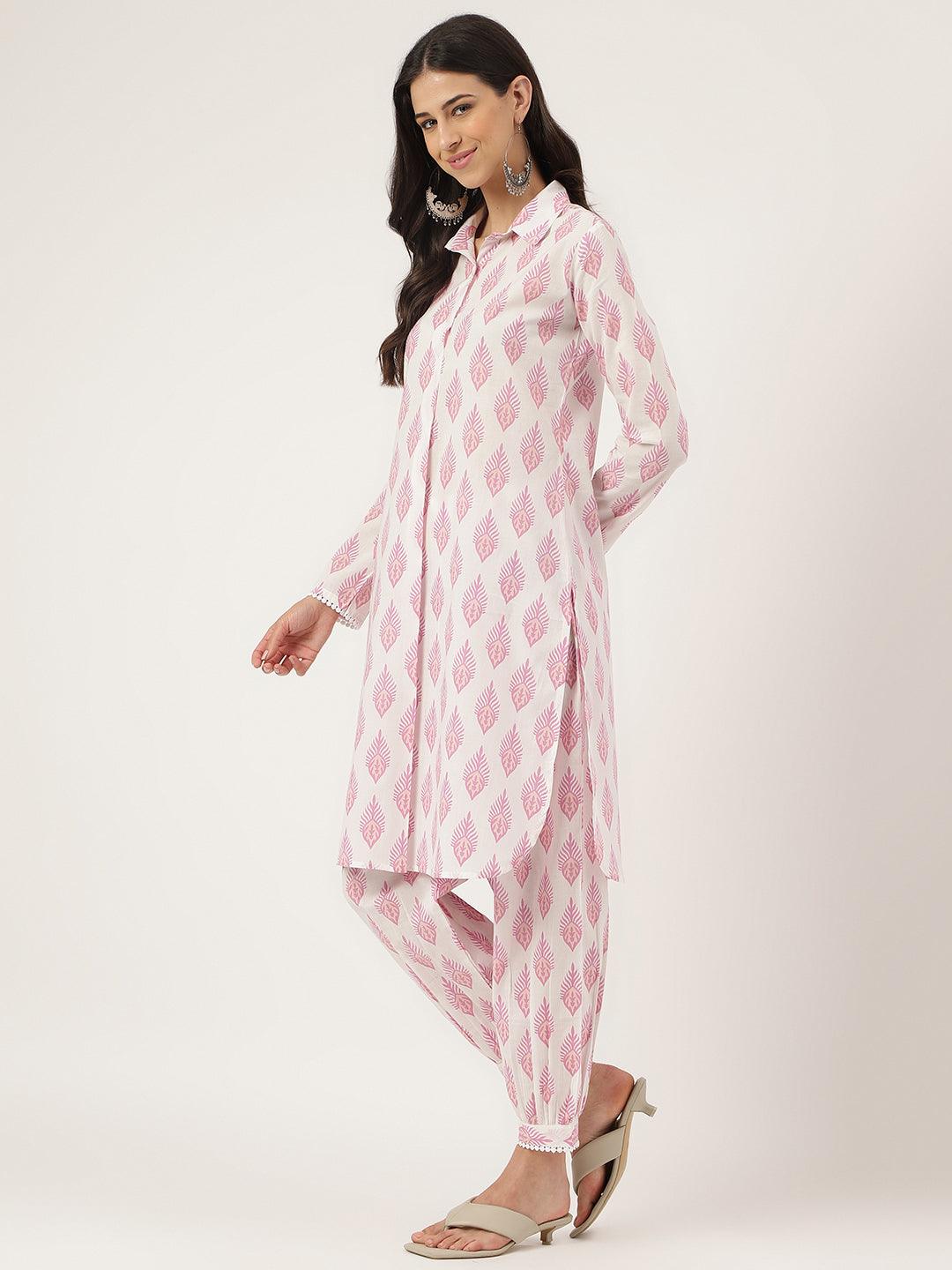 Pink and white patterned White Cotton Straight Kurta Hem Cuffed Pant set on a woman