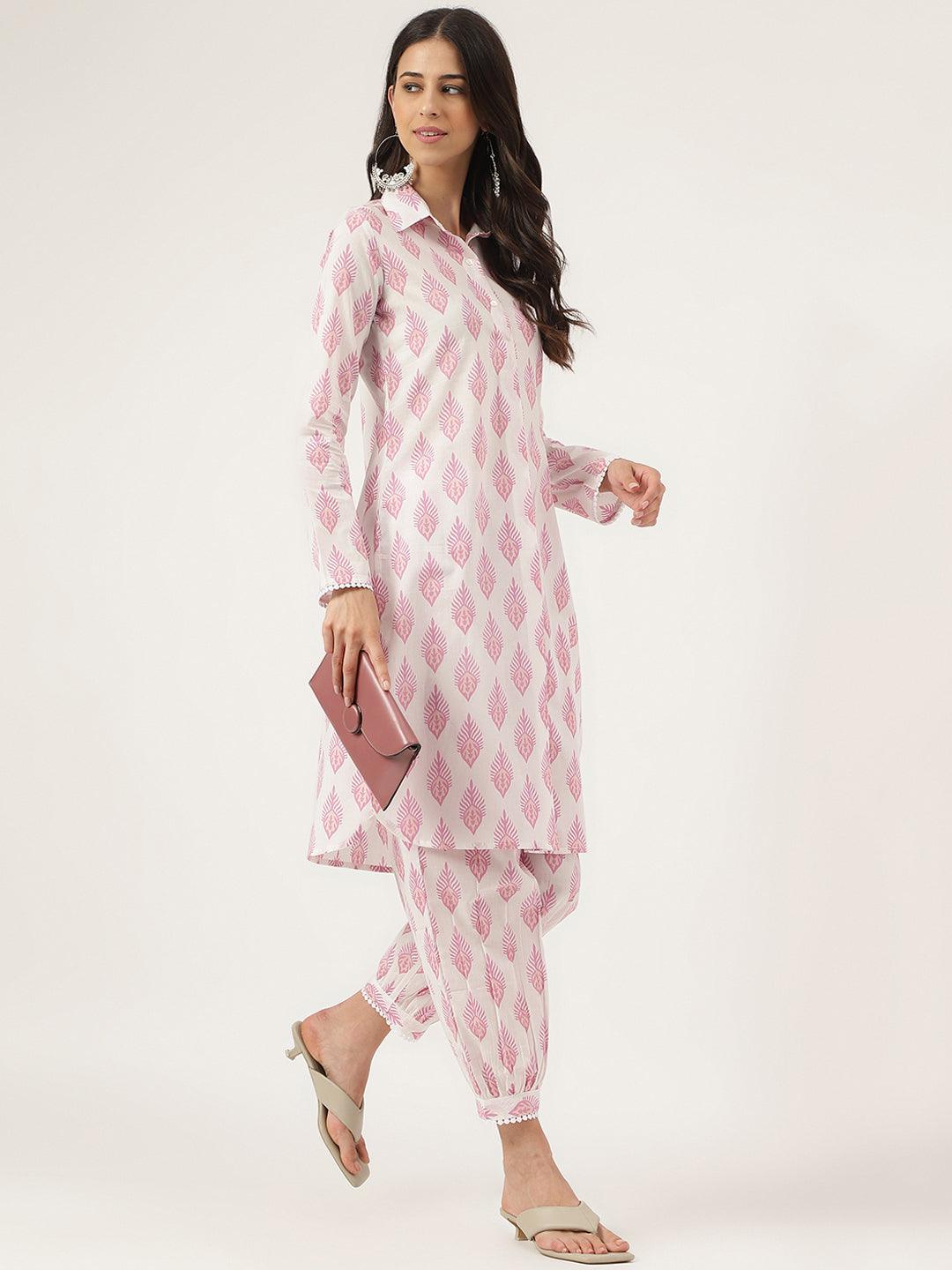 Woman wearing a pink and white patterned cotton straight kurta and cuffed pants set