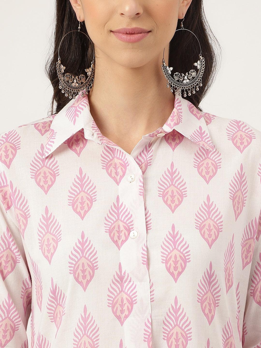 Pink and white patterned button-up shirt paired with White Cotton Straight Kurta Hem Cuffed Pant set