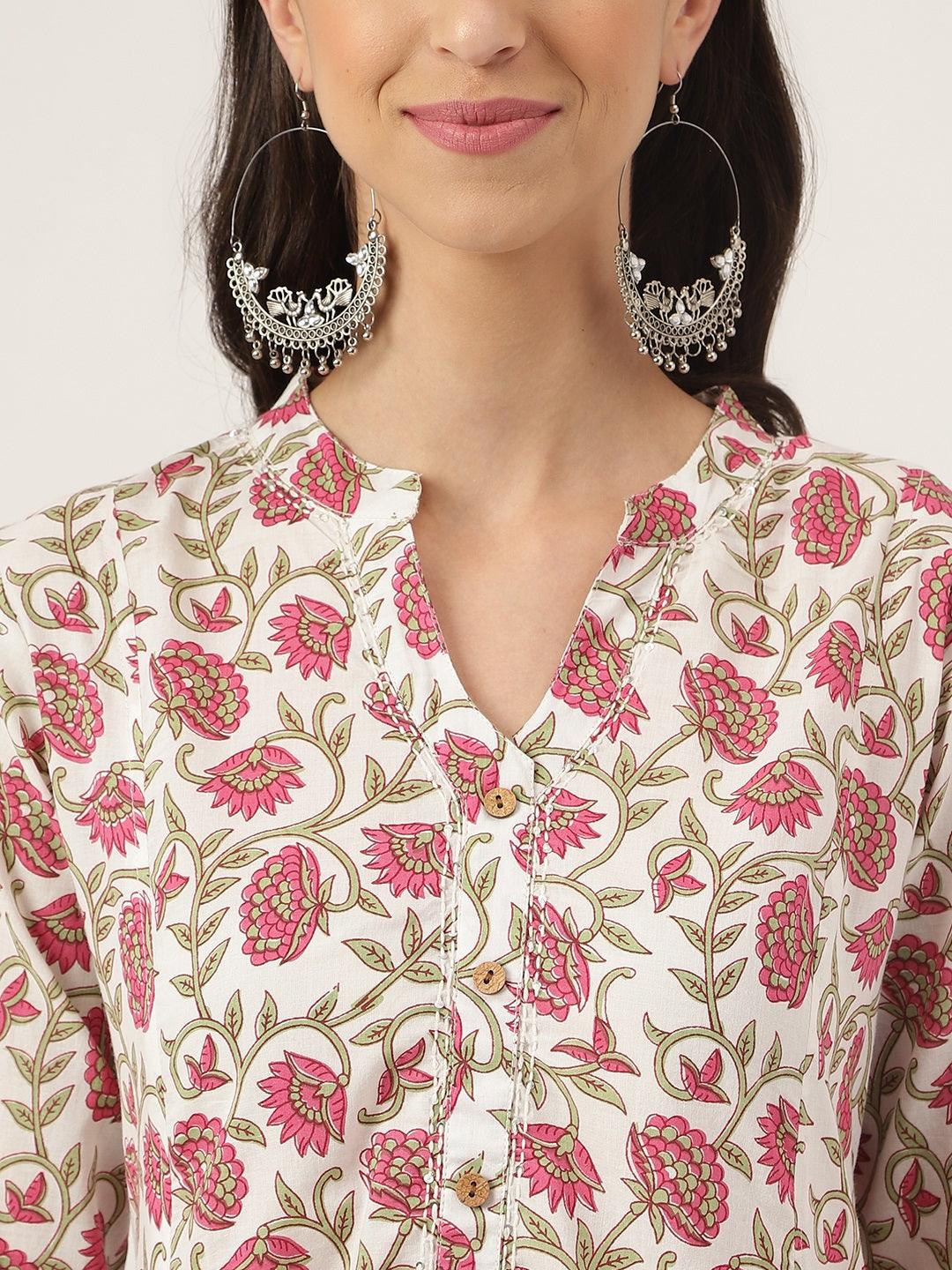 Floral printed Anarkali Kurta Palazoo sets with V-neckline and silver hoop earrings