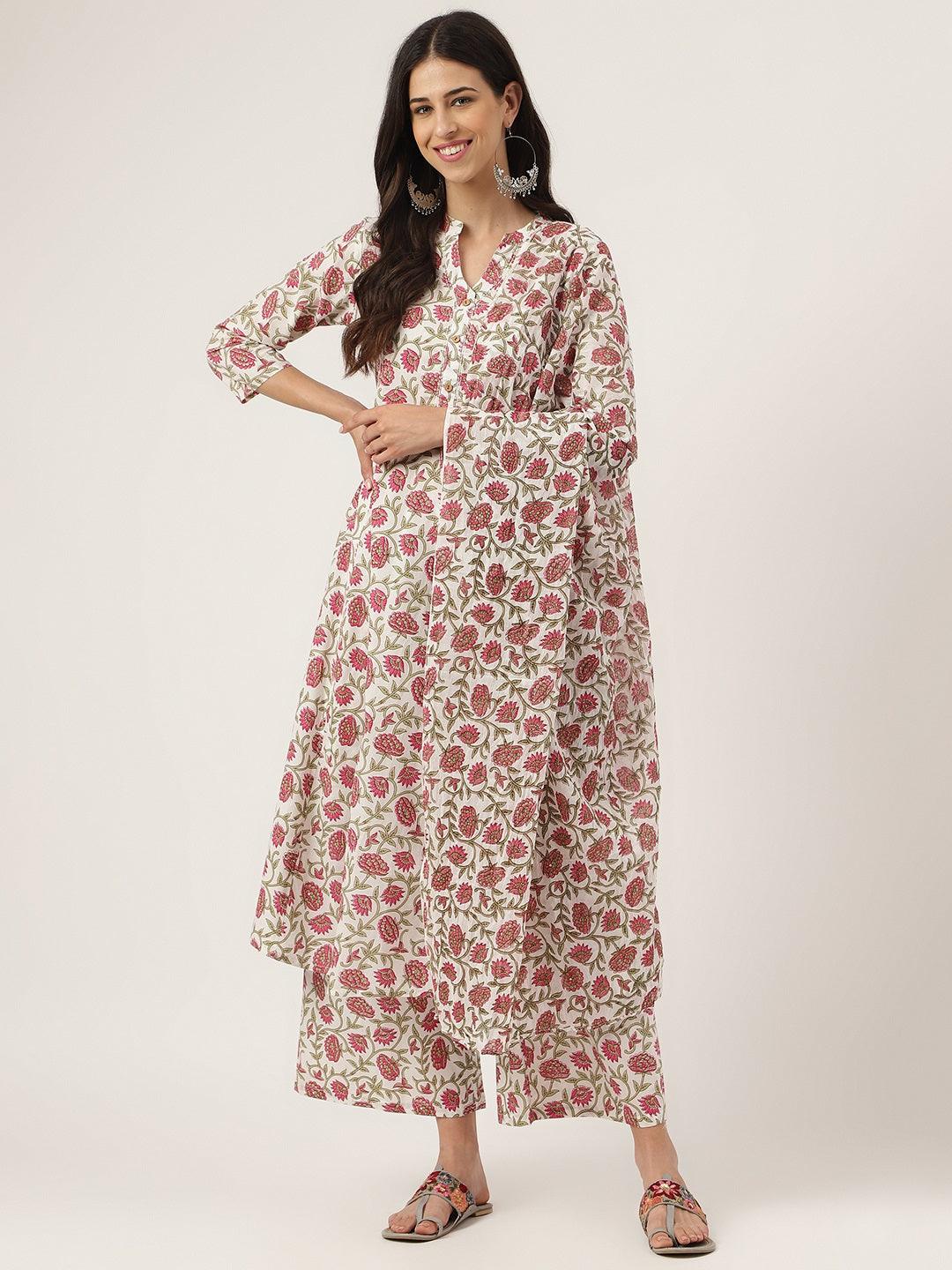 Floral printed Anarkali Kurta Palazoo sets with three-quarter sleeves and v-neckline