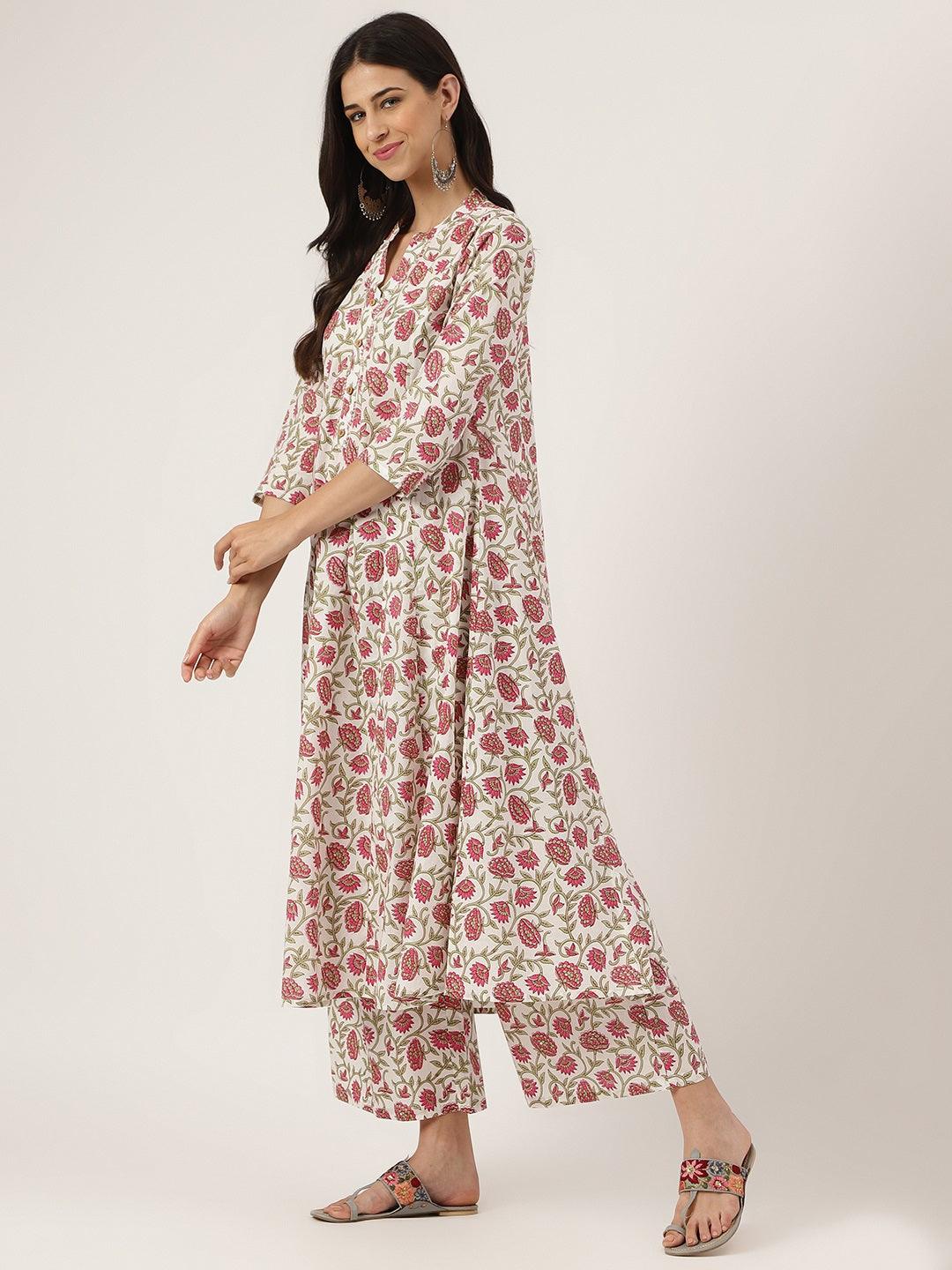 Floral printed anarkali kurta palazoo set worn by woman with long dark hair