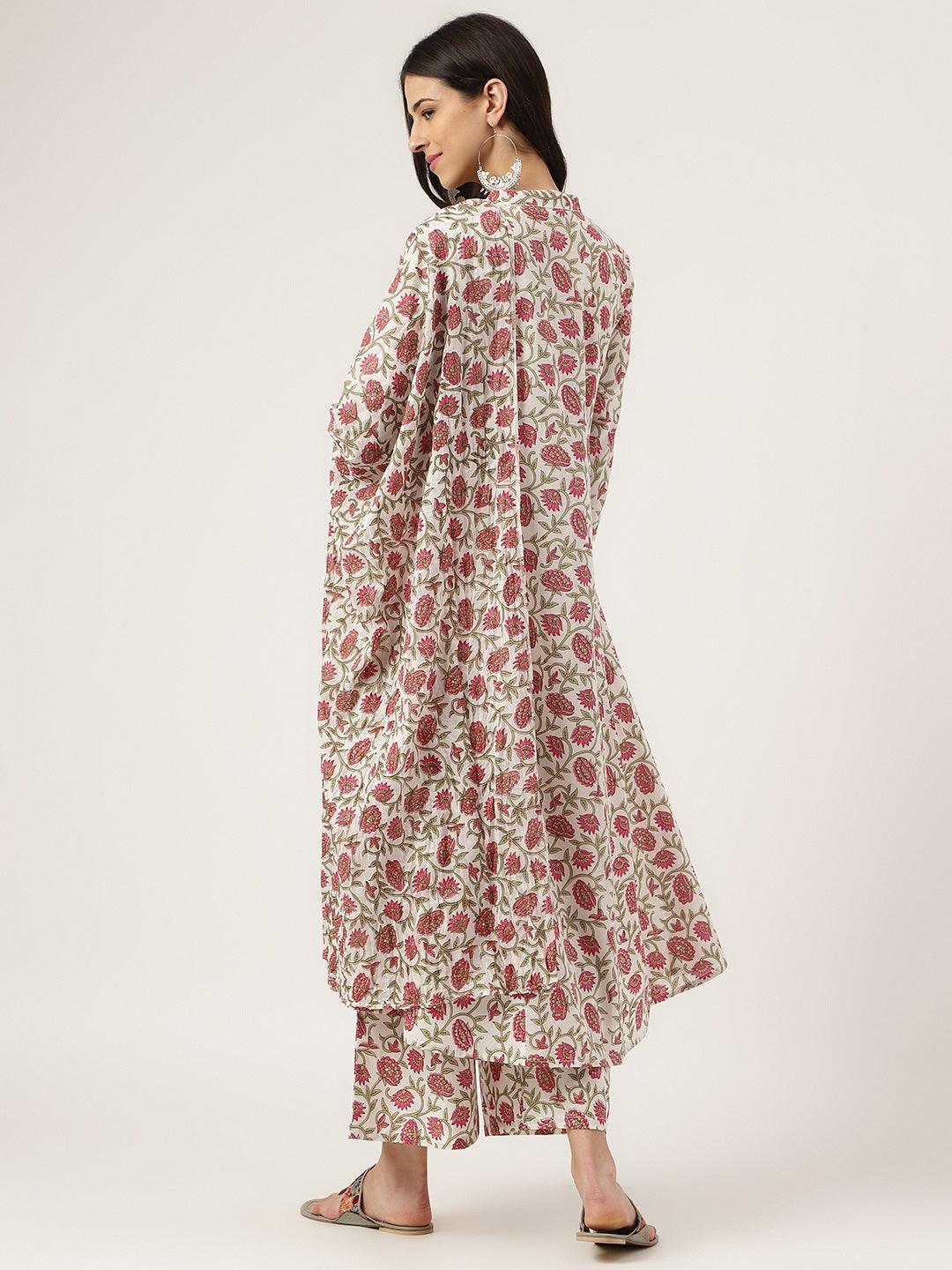 Woman wearing a White Floral Printed Anarkali Kurta Palazoo set, facing away from the camera