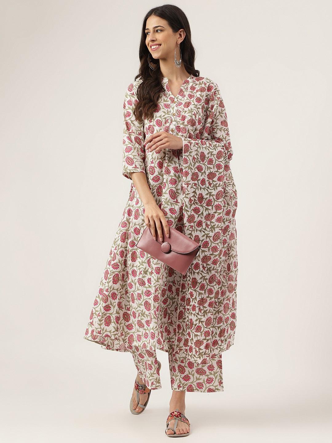 Floral printed Anarkali Kurta Palazoo set with matching handbag showcased elegantly