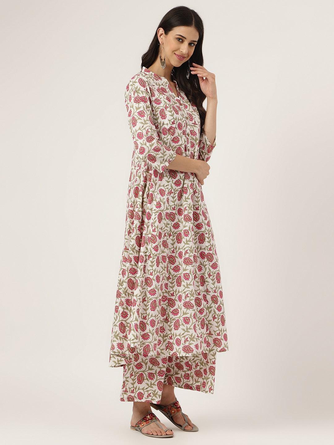 Floral printed Anarkali Kurta Palazoo set with tiered skirt and three-quarter sleeves