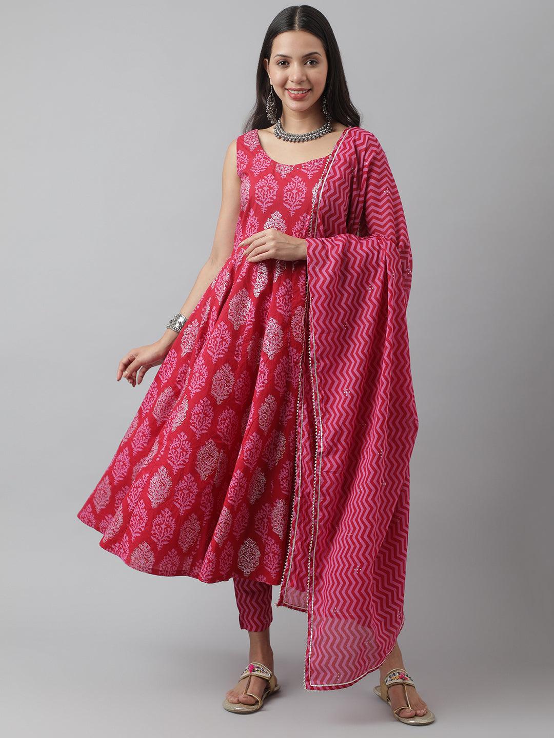 Vibrant pink and gold patterned Magenta Floral Cotton Anarkali Kurta Pant Set with Dupatta