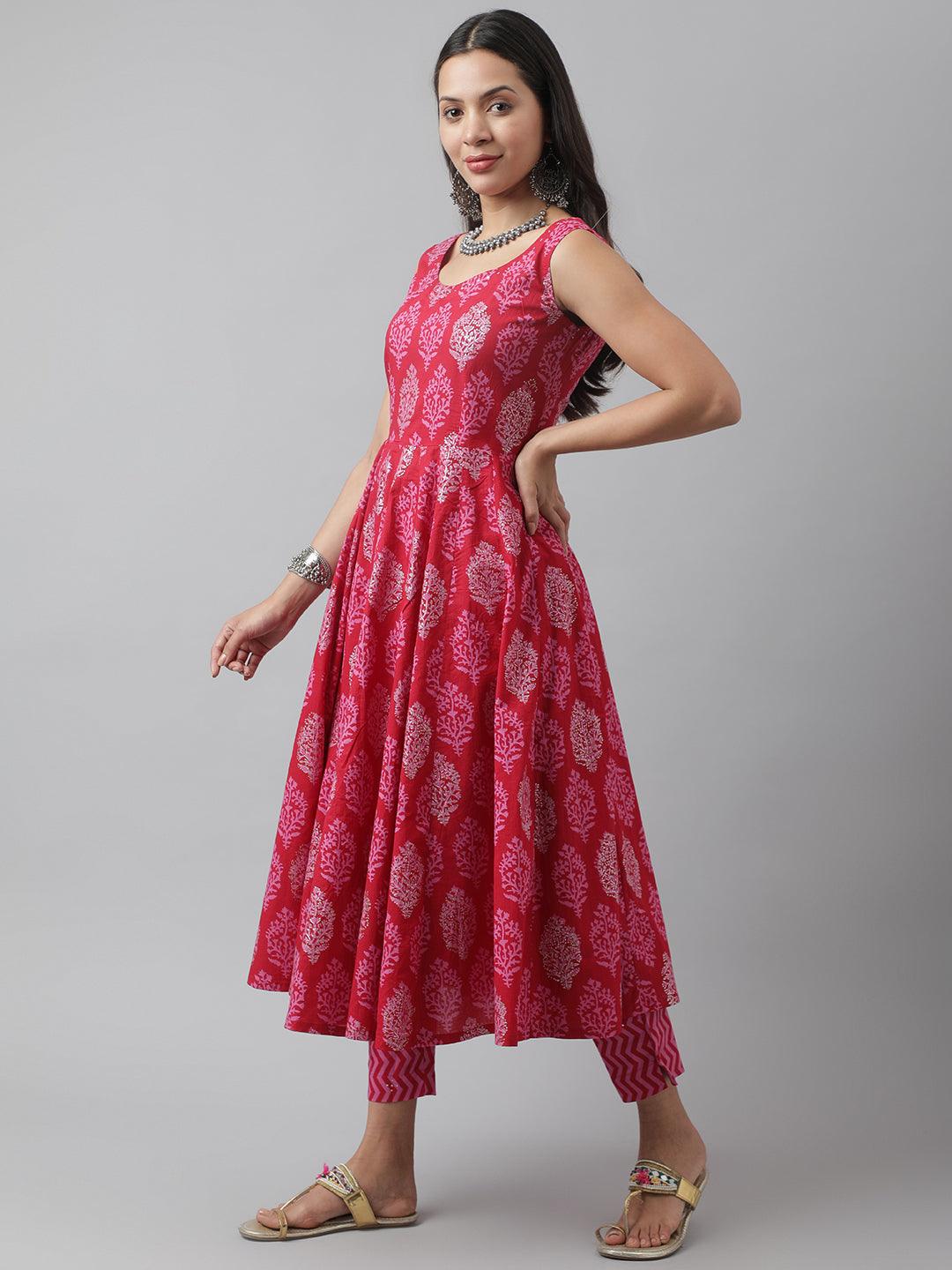 Pink and white patterned sleeveless maxi dress in Magenta Floral Cotton Anarkali Kurta Pant Set