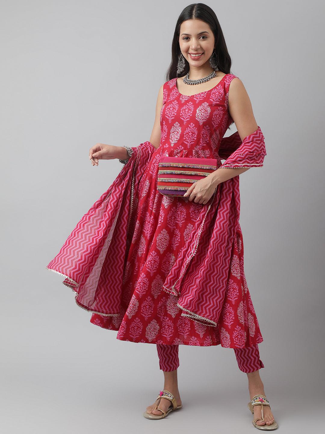 Vibrant pink and gold Anarkali Kurta Pant set featuring cold-shoulder sleeves