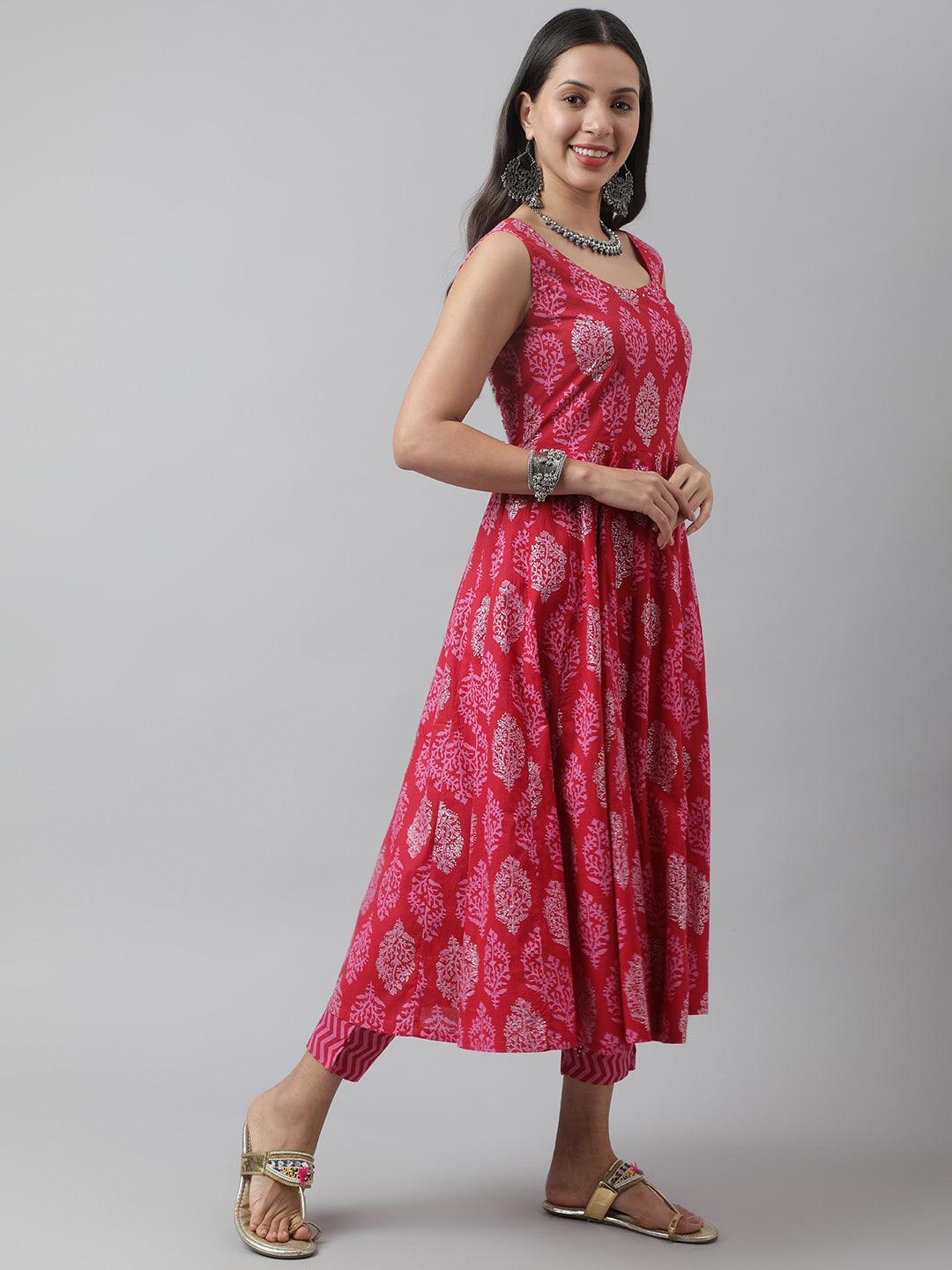 Red and white patterned sleeveless maxi dress featuring a Magenta Floral Cotton Anarkali