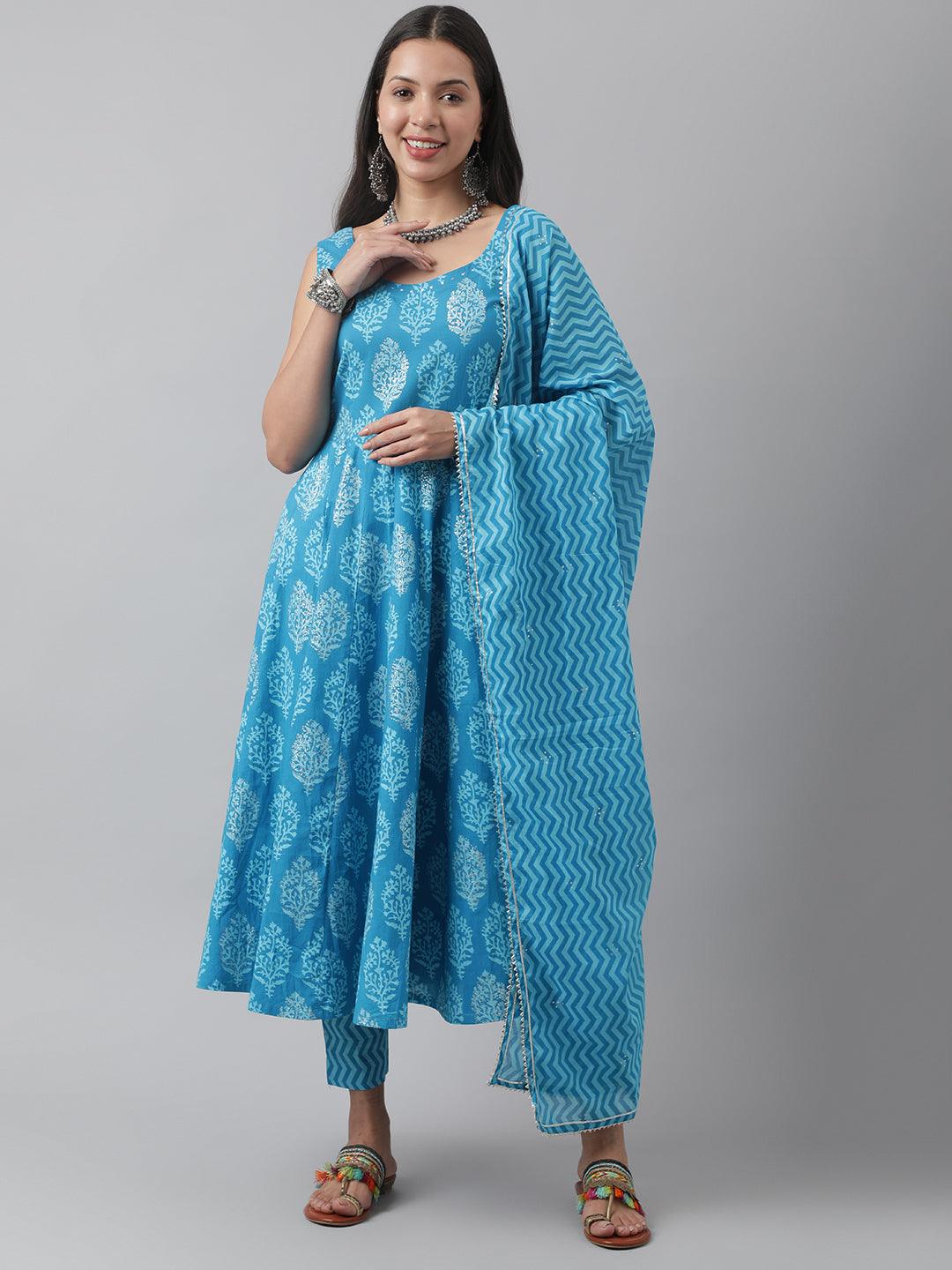 Turquoise blue floral cotton Anarkali Kurta Pant set with matching dupatta