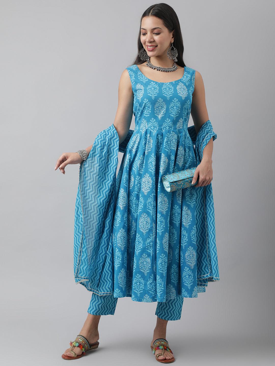 Turquoise Blue Floral Cotton Anarkali Kurta Pant Set with matching dupatta