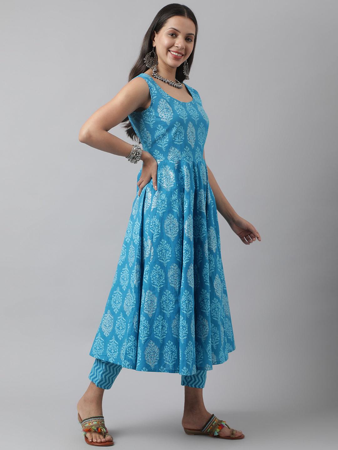 Turquoise Blue Floral Cotton Anarkali Kurta Pant Set with matching pants and dupatta