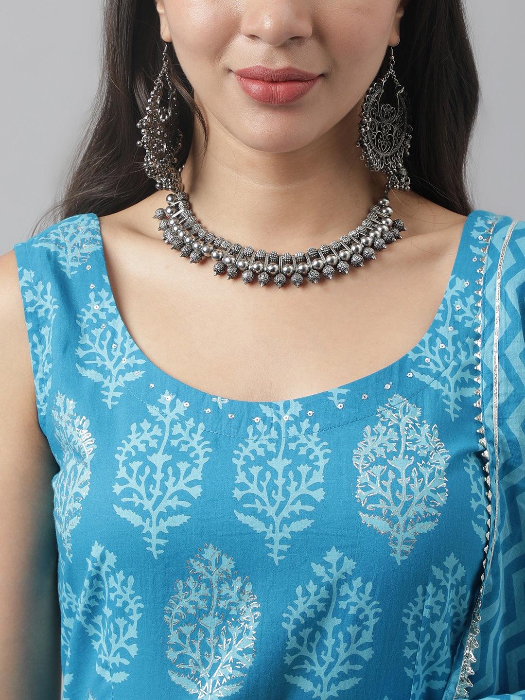 Ornate silver necklace with strands complements Turquoise Blue Floral Cotton Anarkali