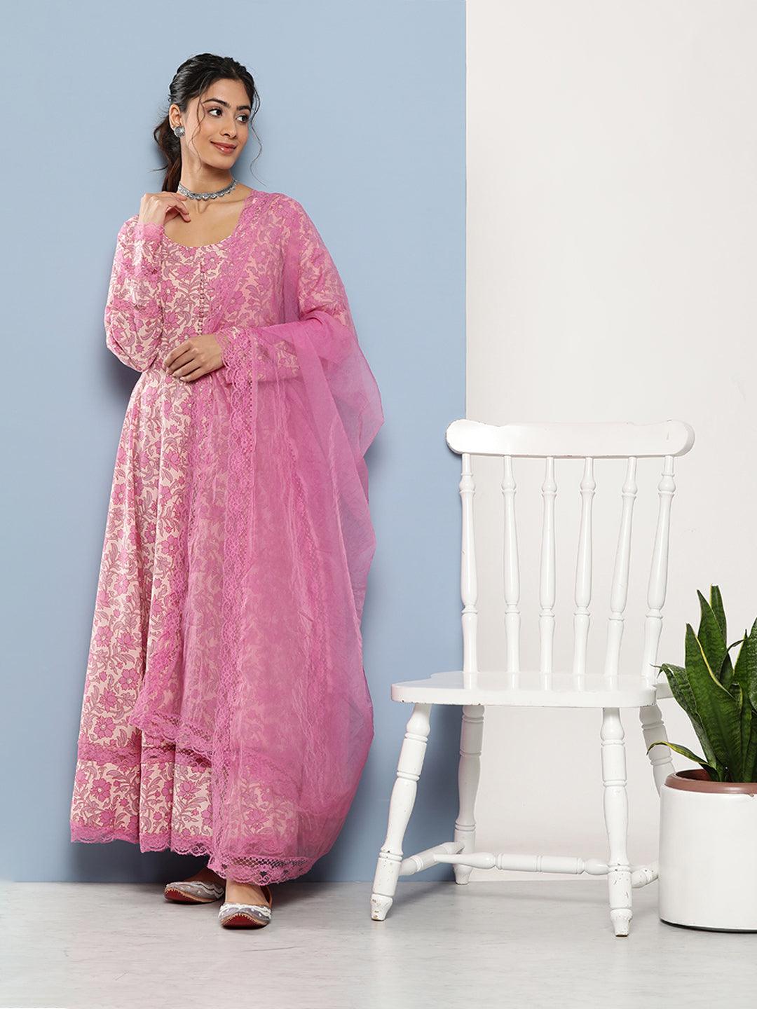 Pink Embroidered Anarkali Suit with Sheer Dupatta for Lilac Floral Printed Anarkali set