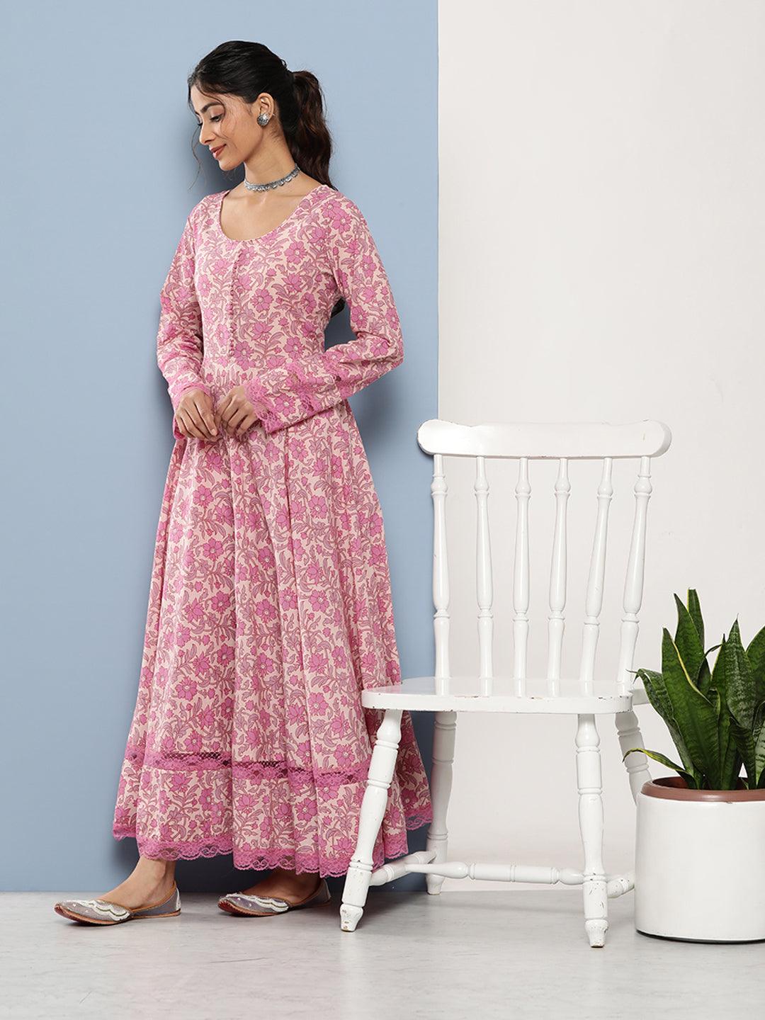 Pink floral long-sleeved maxi dress from the Lilac Floral Printed Anarkali Kurta Pant set