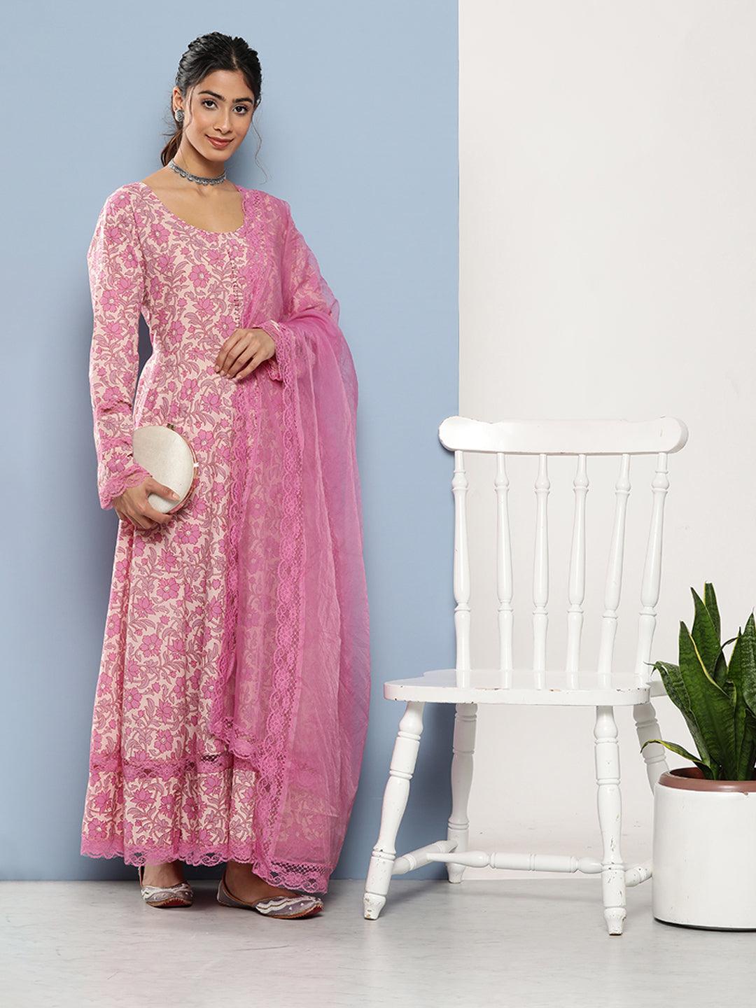 Pink embroidered floor-length anarkali suit with matching dupatta for a lilac floral printed anarkali look