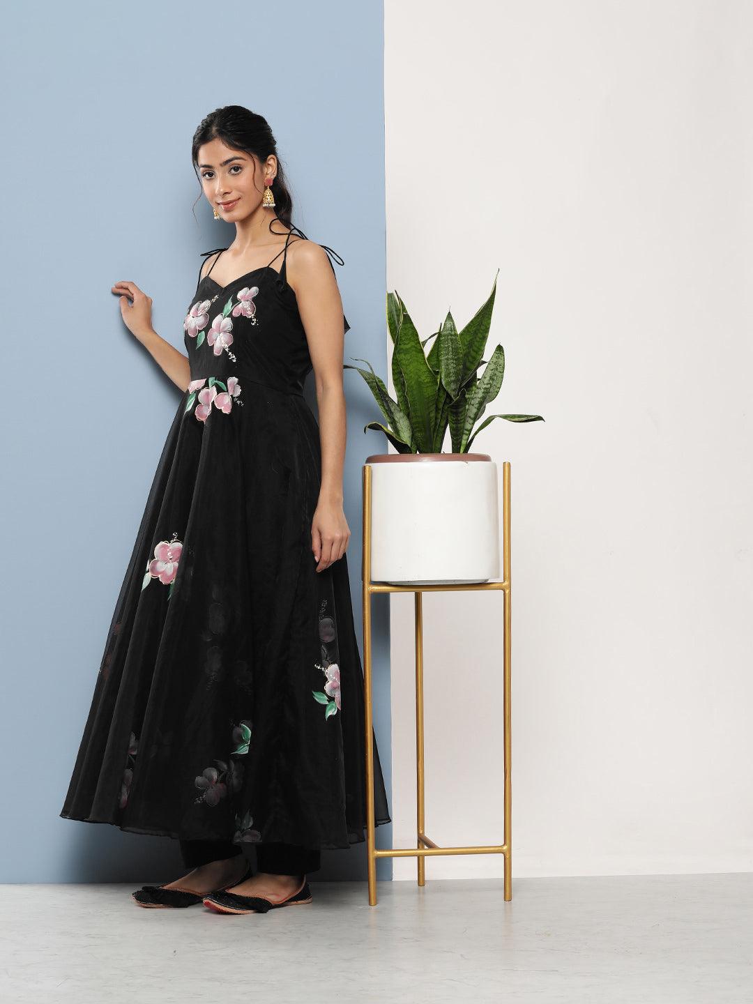 Long black hand painted floral Anarkali Kurta with flared skirt and dupatta