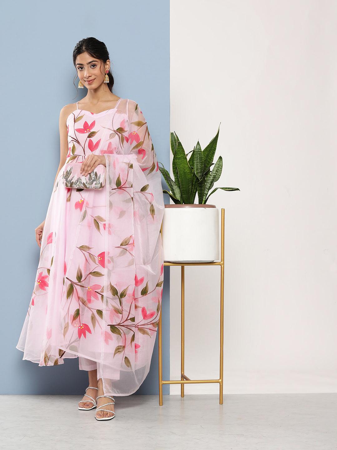 Floral Organza Anarkali Kurta Pant Set featuring hand painted floral design and sheer sleeves