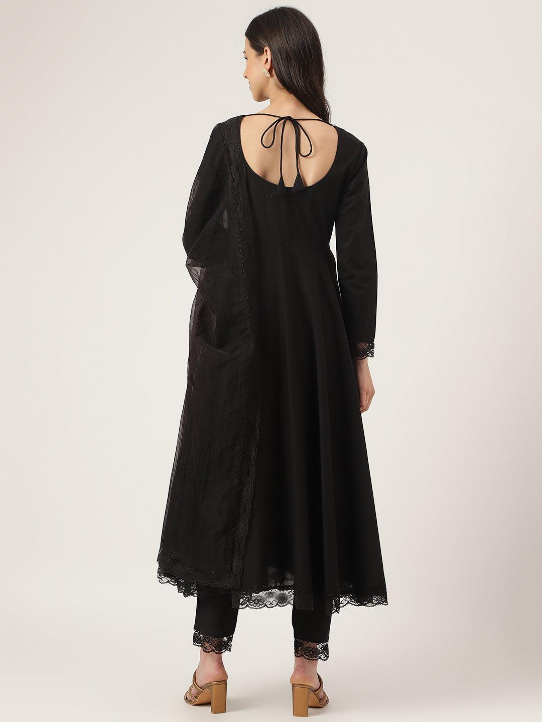 Black Solid Anarkali Kurta featuring long sleeves and open back tie detail