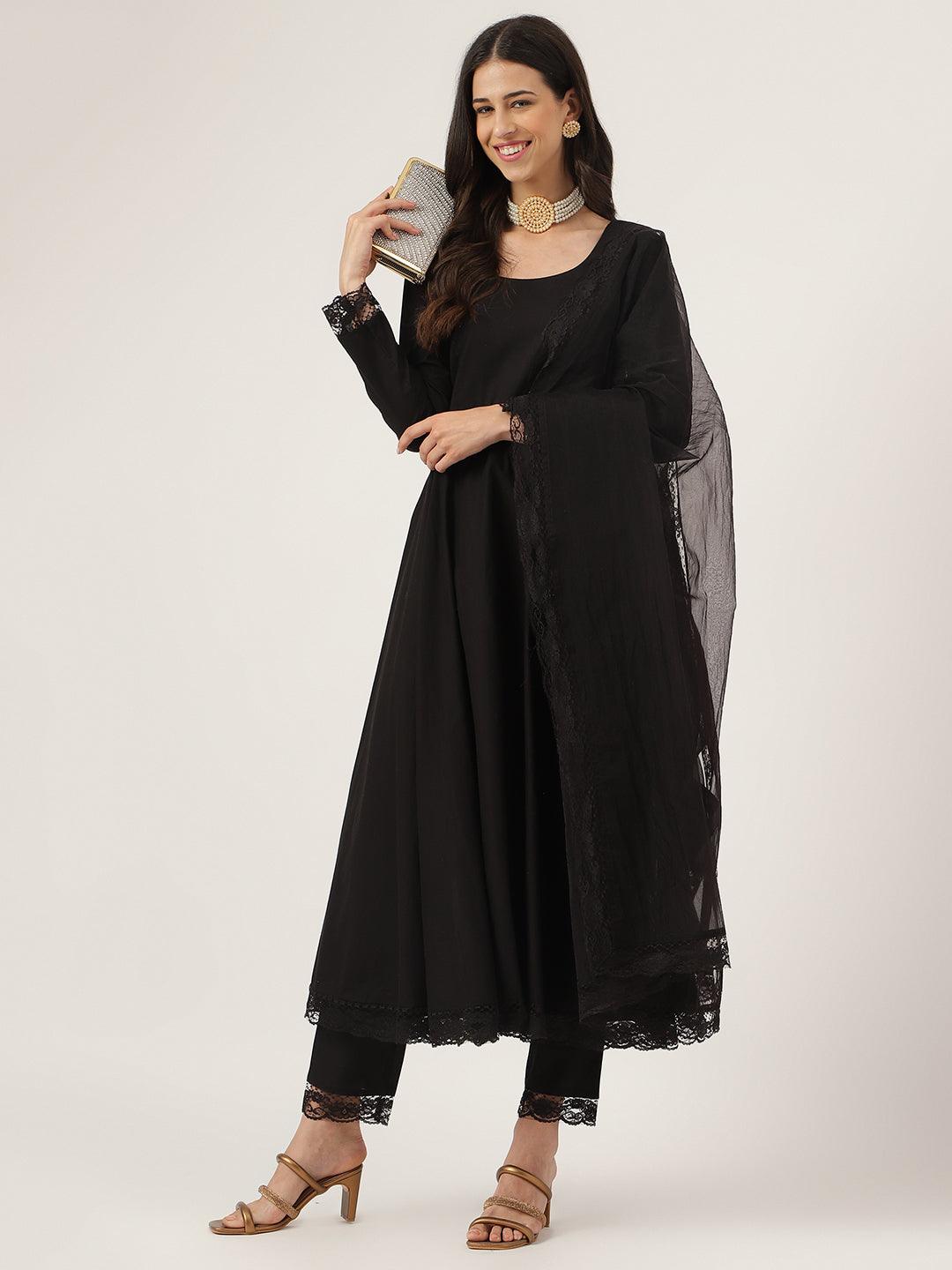 Long black solid Anarkali Kurta with sheer sleeves and lace-trimmed bottom