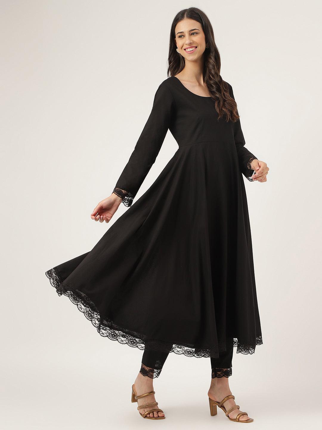 Long black dress with flared sleeves and lace trim, perfect solid Anarkali Kurta for everyday wear