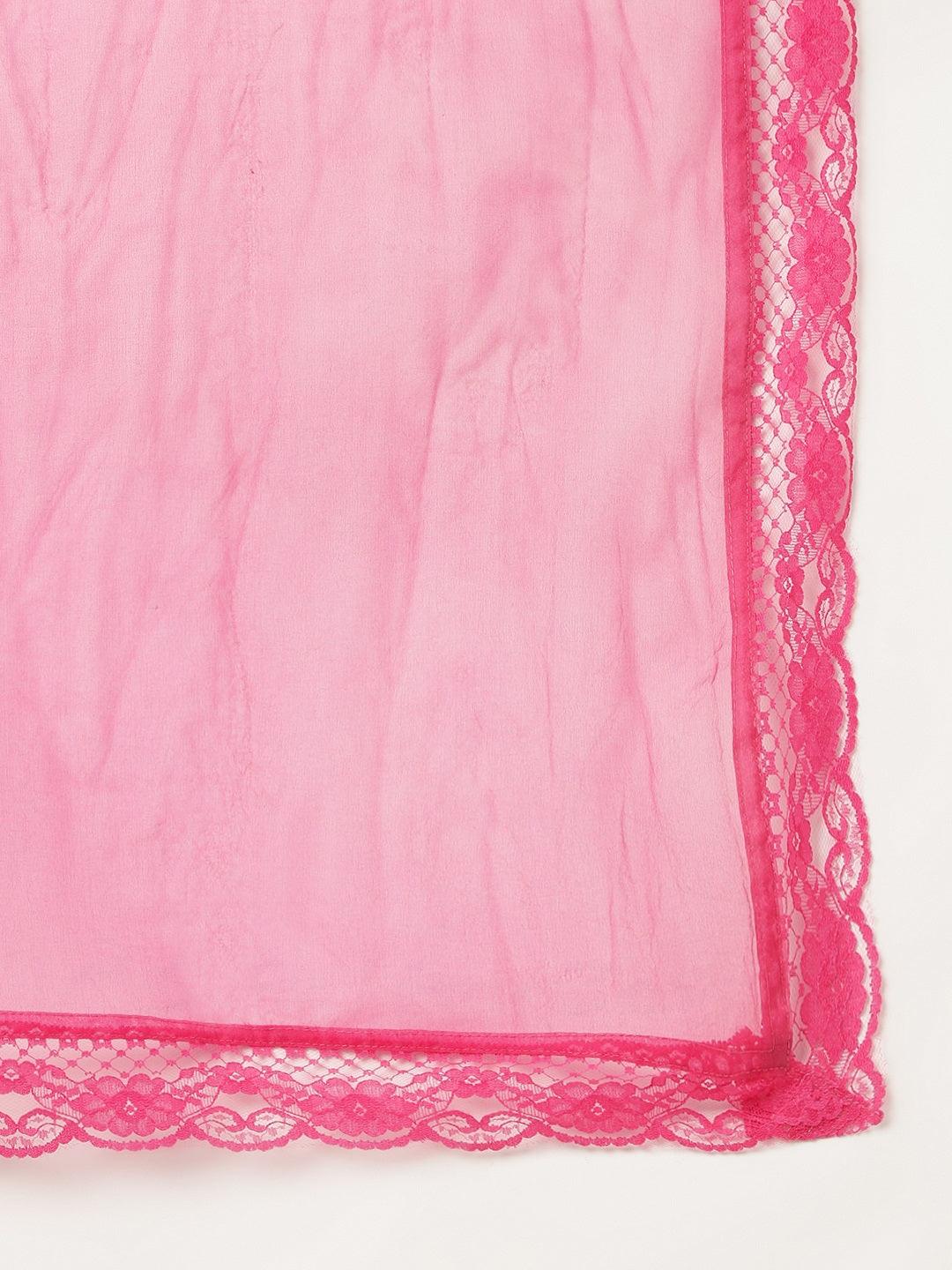 Pink fabric with lace trim, part of a Pink Solid Anarkali Kurta Pant set with Dupatta