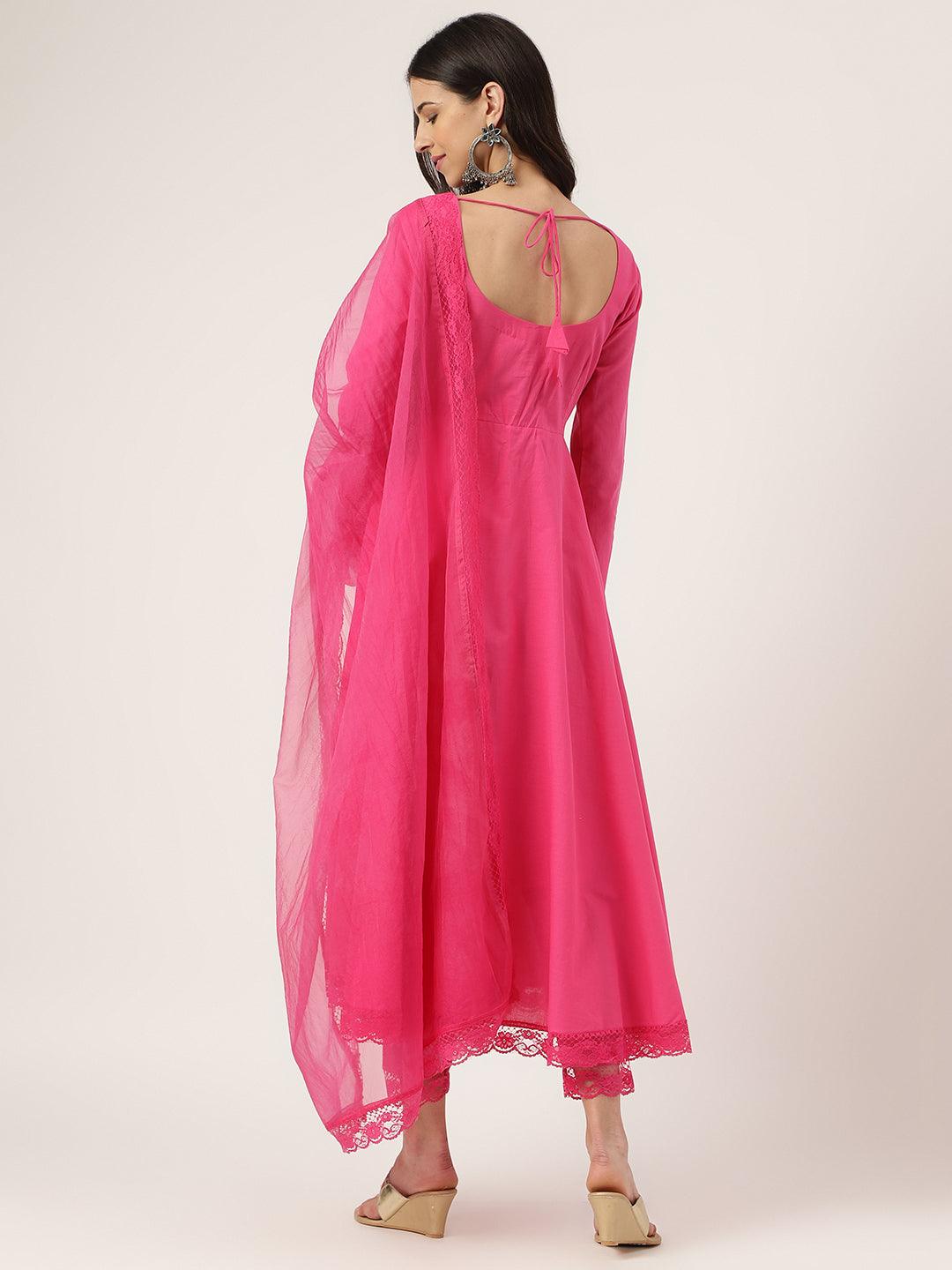 Bright pink solid anarkali kurta pant set with flowing sleeves and sheer dupatta