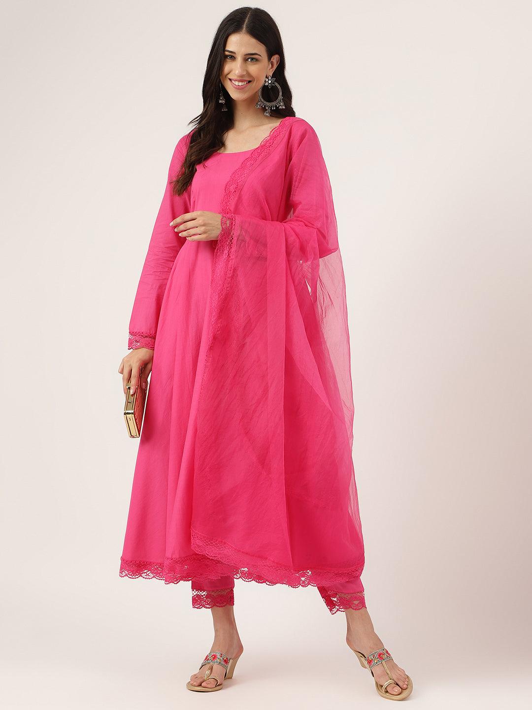 Bright pink solid Anarkali Kurta Pant set with Dupatta showcasing traditional elegance