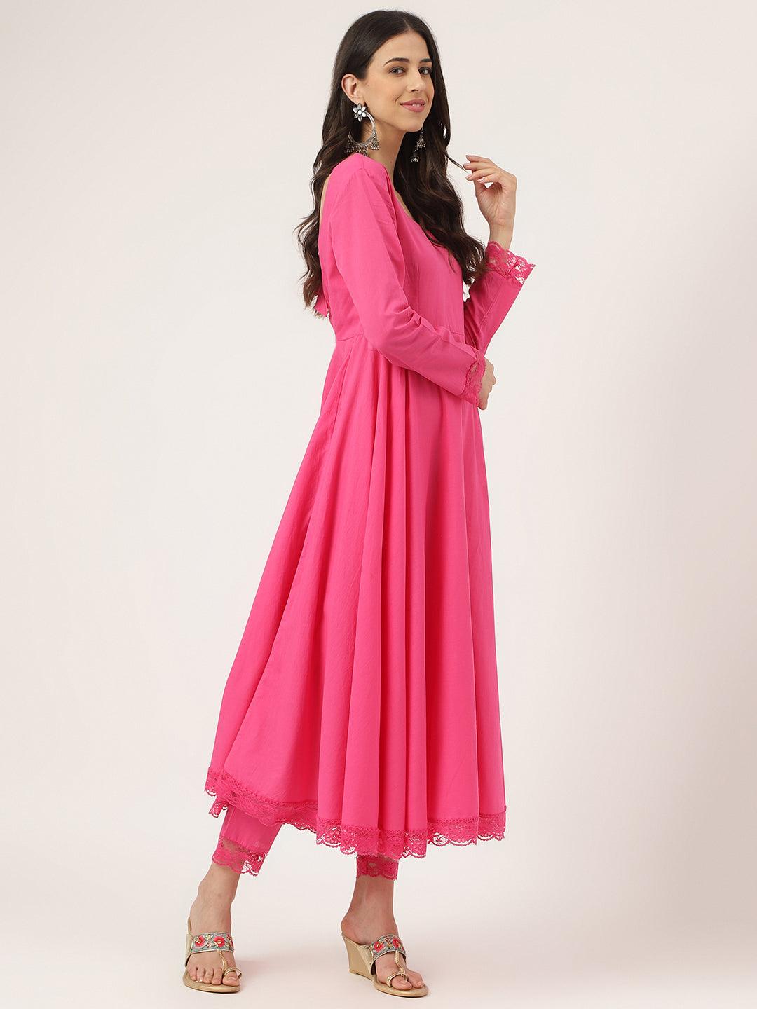 Vibrant pink solid Anarkali Kurta Pant set with flowy skirt and dupatta