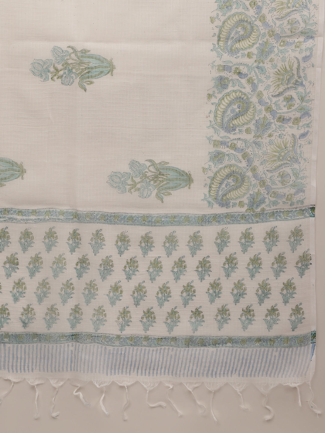 Decorative textile with pale green floral patterns for Sea Blue Handblock Printed Cotton Kurta Set