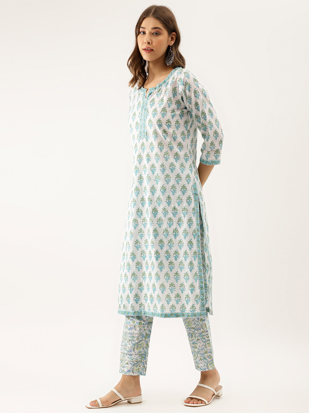 White and mint green handblock floral printed cotton kurta set with three-quarter sleeves