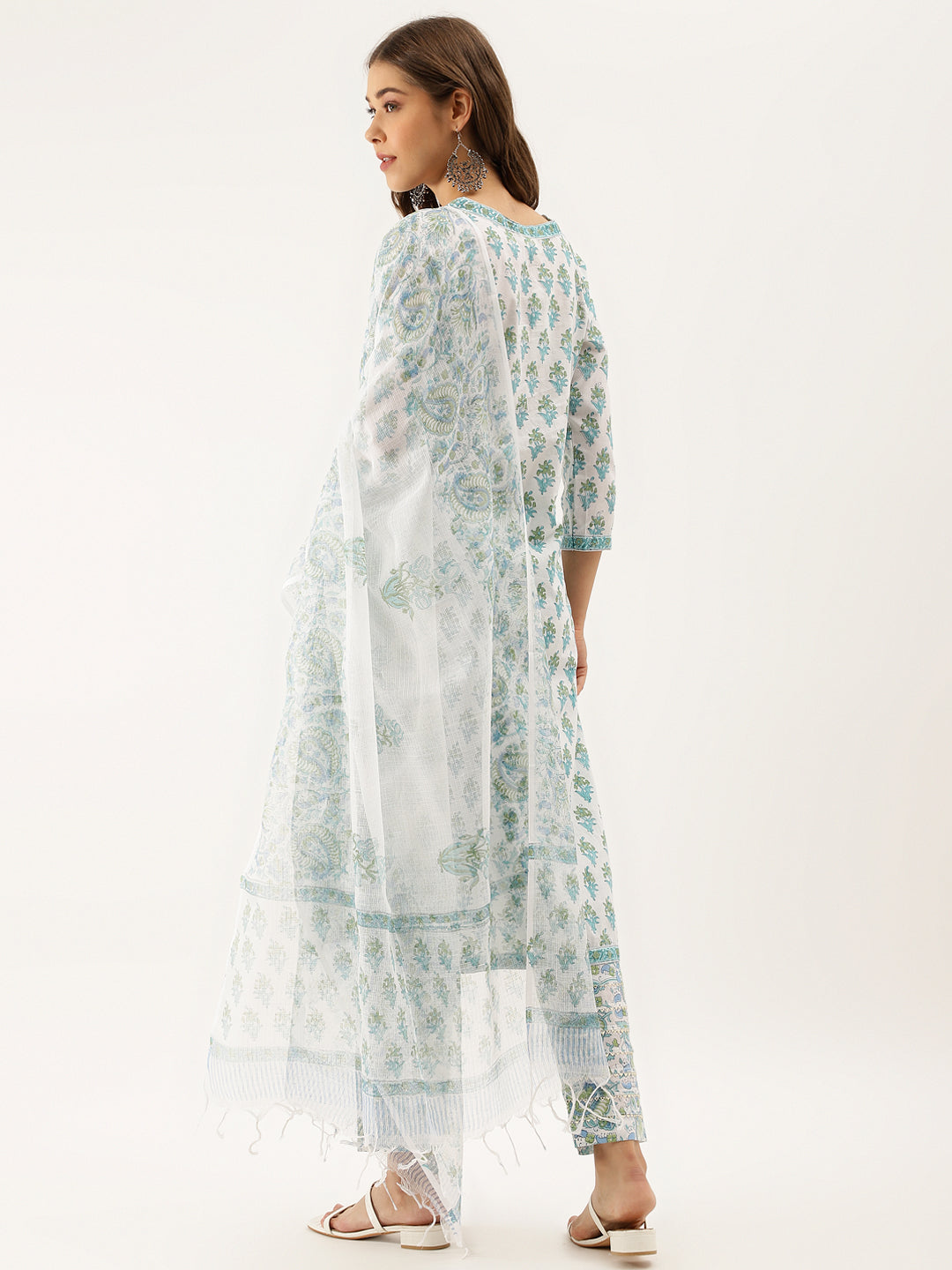 Floral patterned sheer overlay on White Sea Blue Handblock Floral Printed Cotton Kurta Set