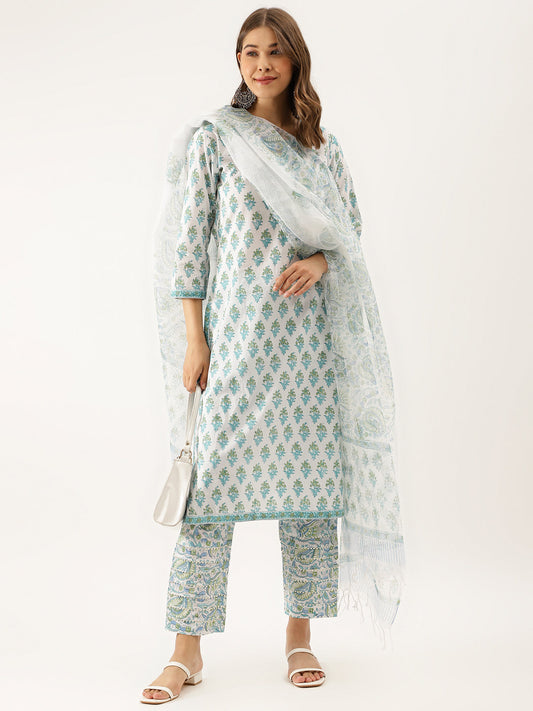 Woman in White Sea Blue Handblock Floral Printed Cotton Kurta Set with Kota Doria Dupatta