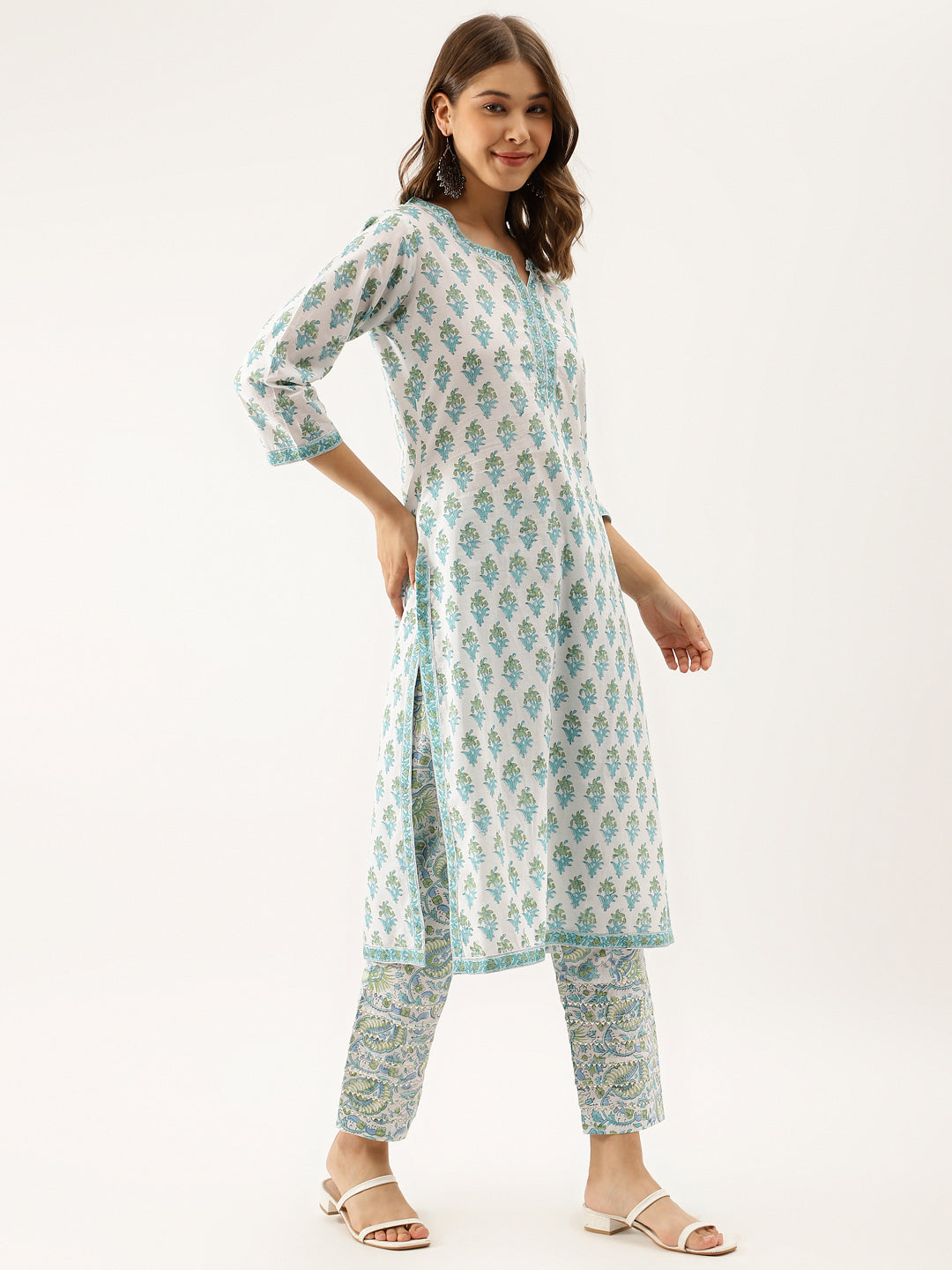 Woman in White Sea Blue Handblock Floral Printed Cotton Kurta Set with matching pants