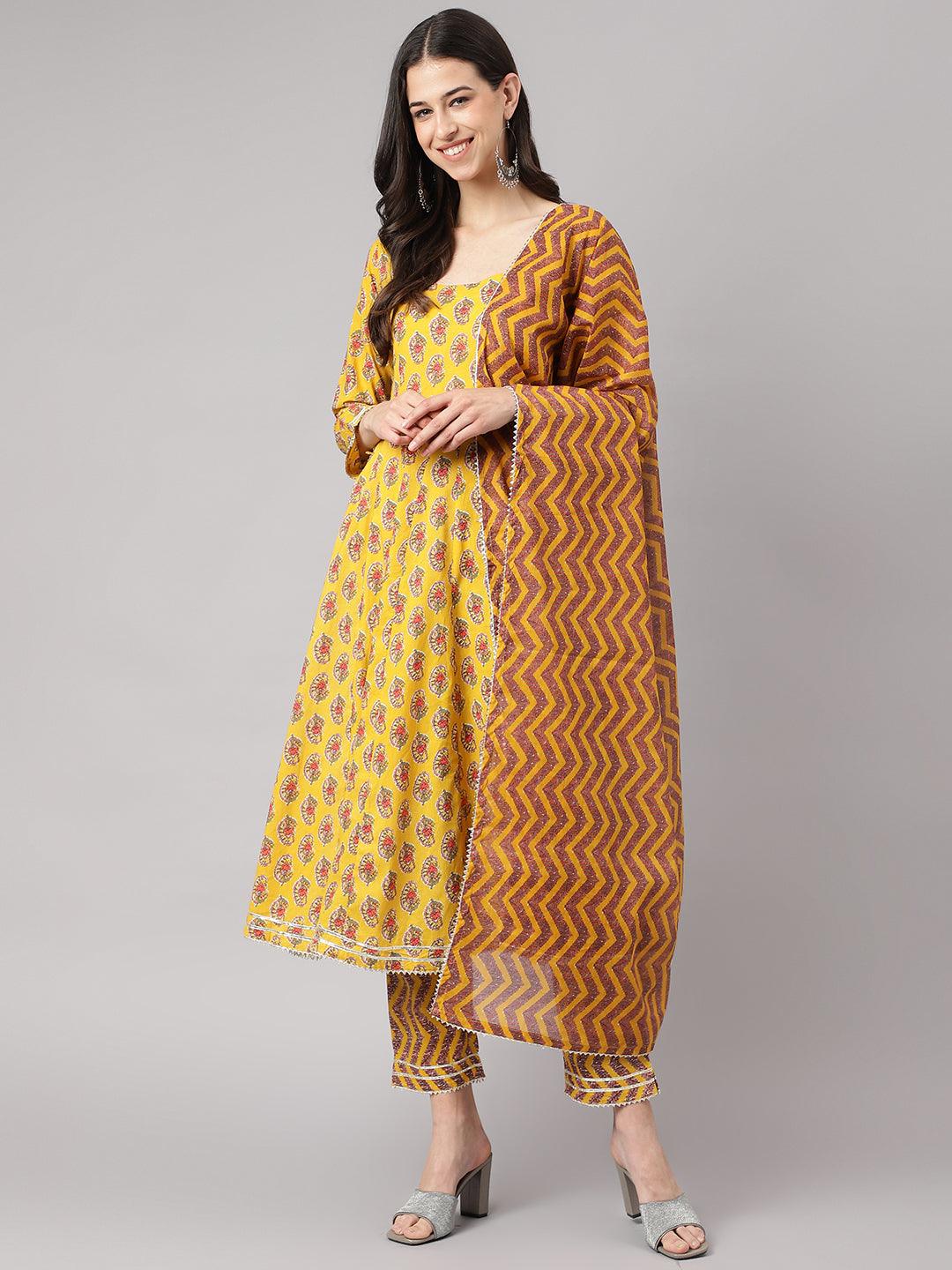 Yellow Cotton Anarkali Kurta Pant Set with Dupatta featuring floral print design