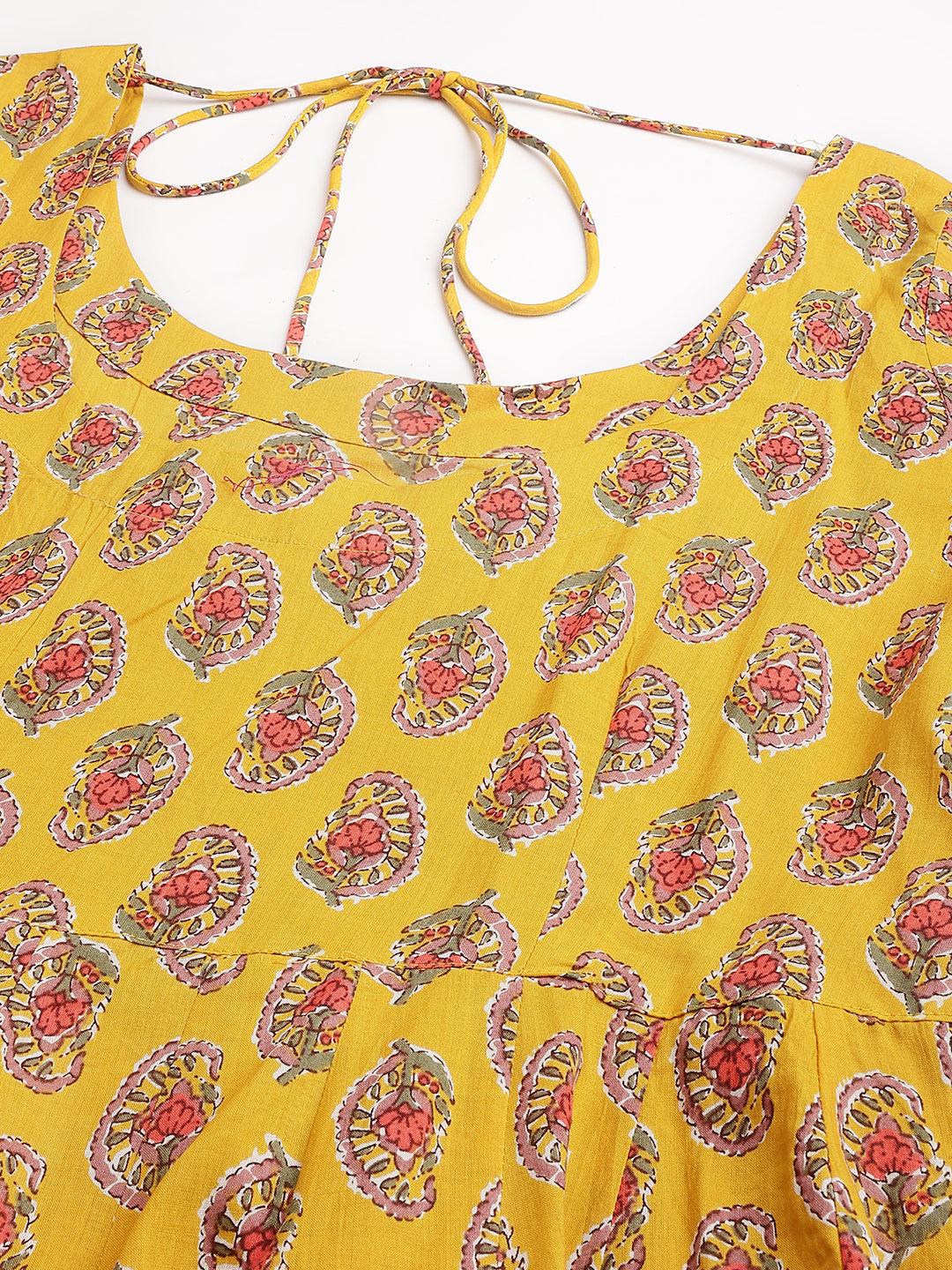 Yellow Cotton Anarkali Kurta Pant Set with Dupatta features floral pattern and tie neckline