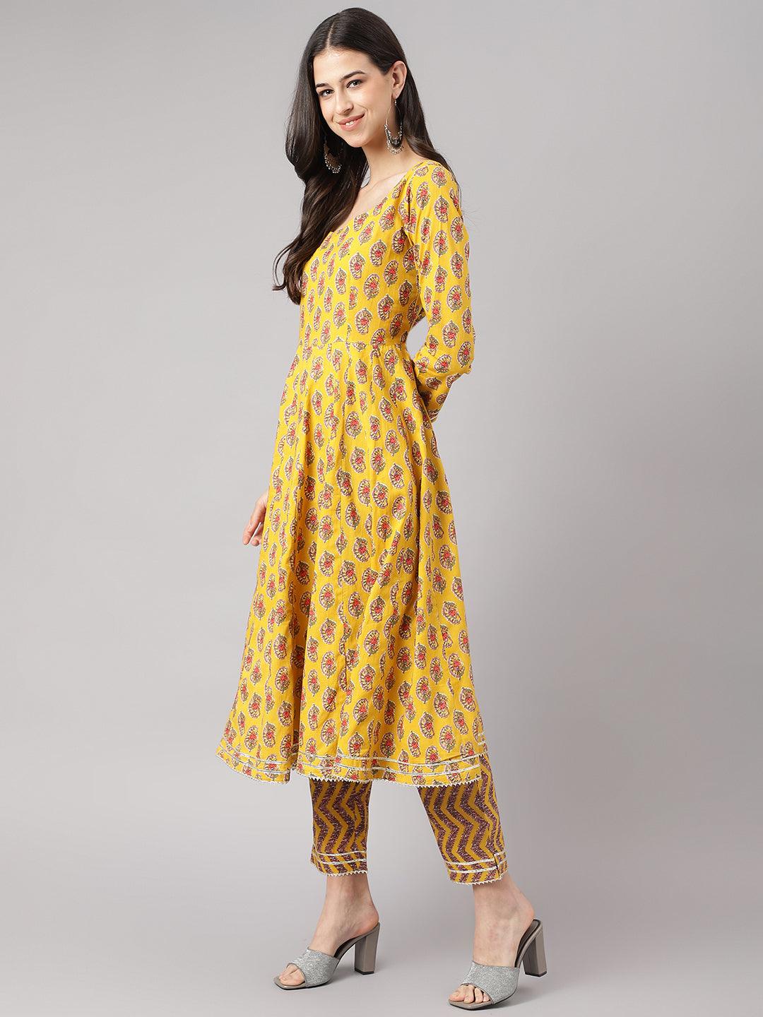 Yellow Cotton Anarkali Kurta Pant Set with Dupatta featuring floral print and patterned pants