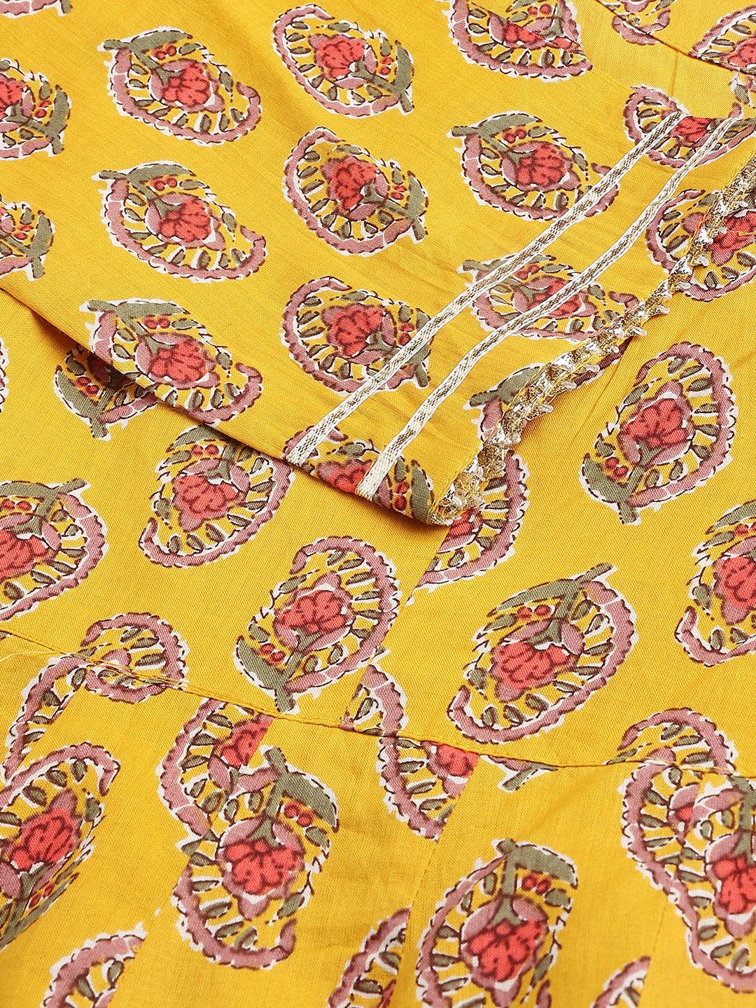 Yellow Cotton Anarkali Kurta Pant Set with colorful pizza slice pattern fabric