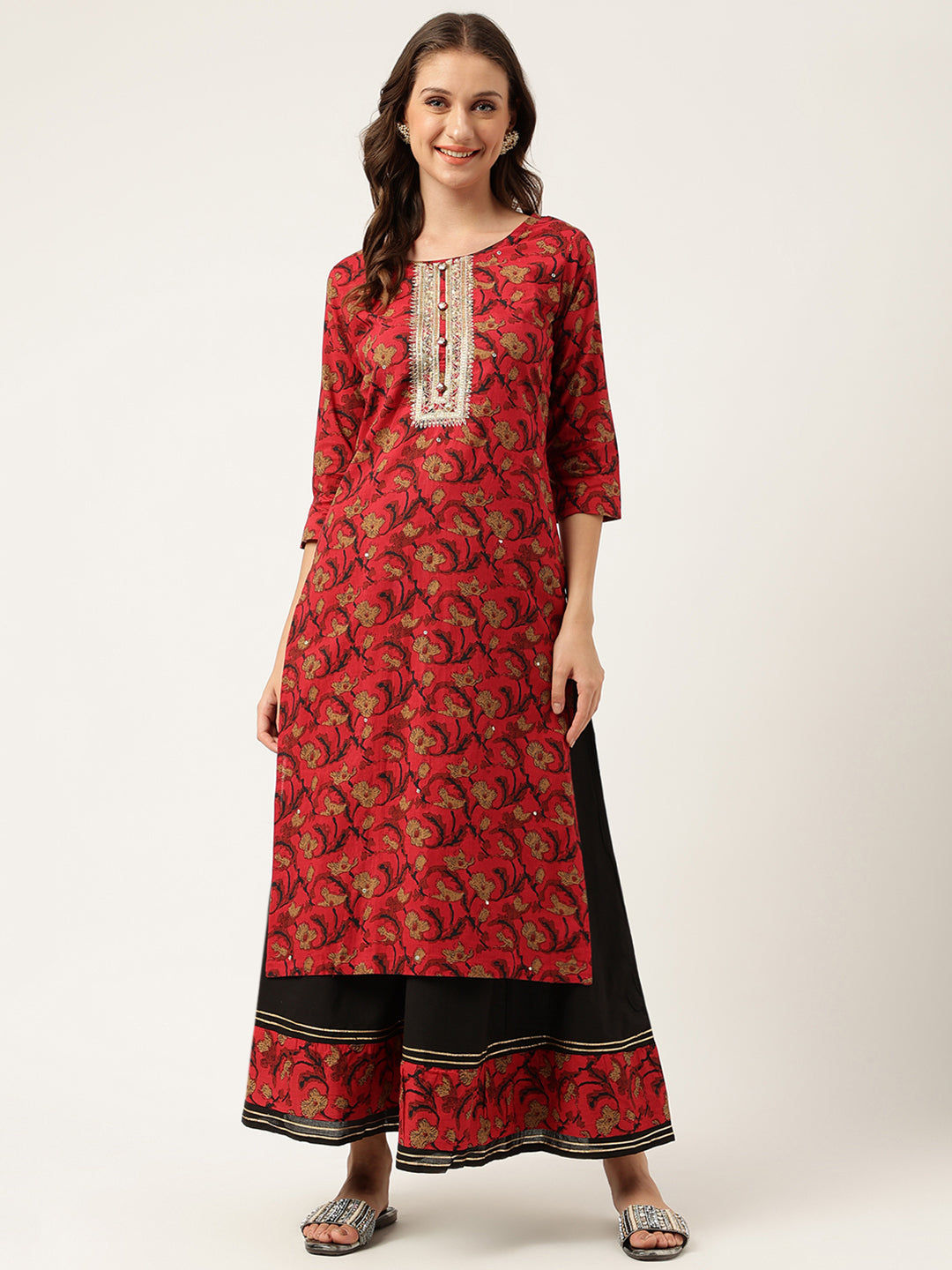 Red floral printed cotton kurta with gold embroidery and black border in sharara set