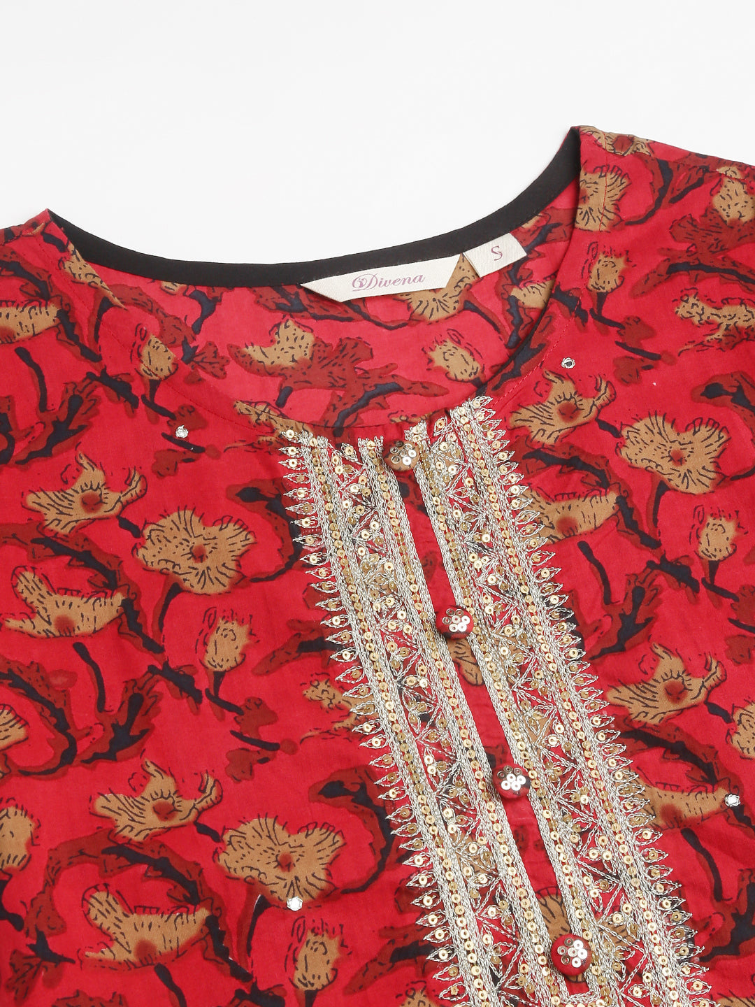 Red floral printed cotton kurta with ornate silver embroidery in a sharara set