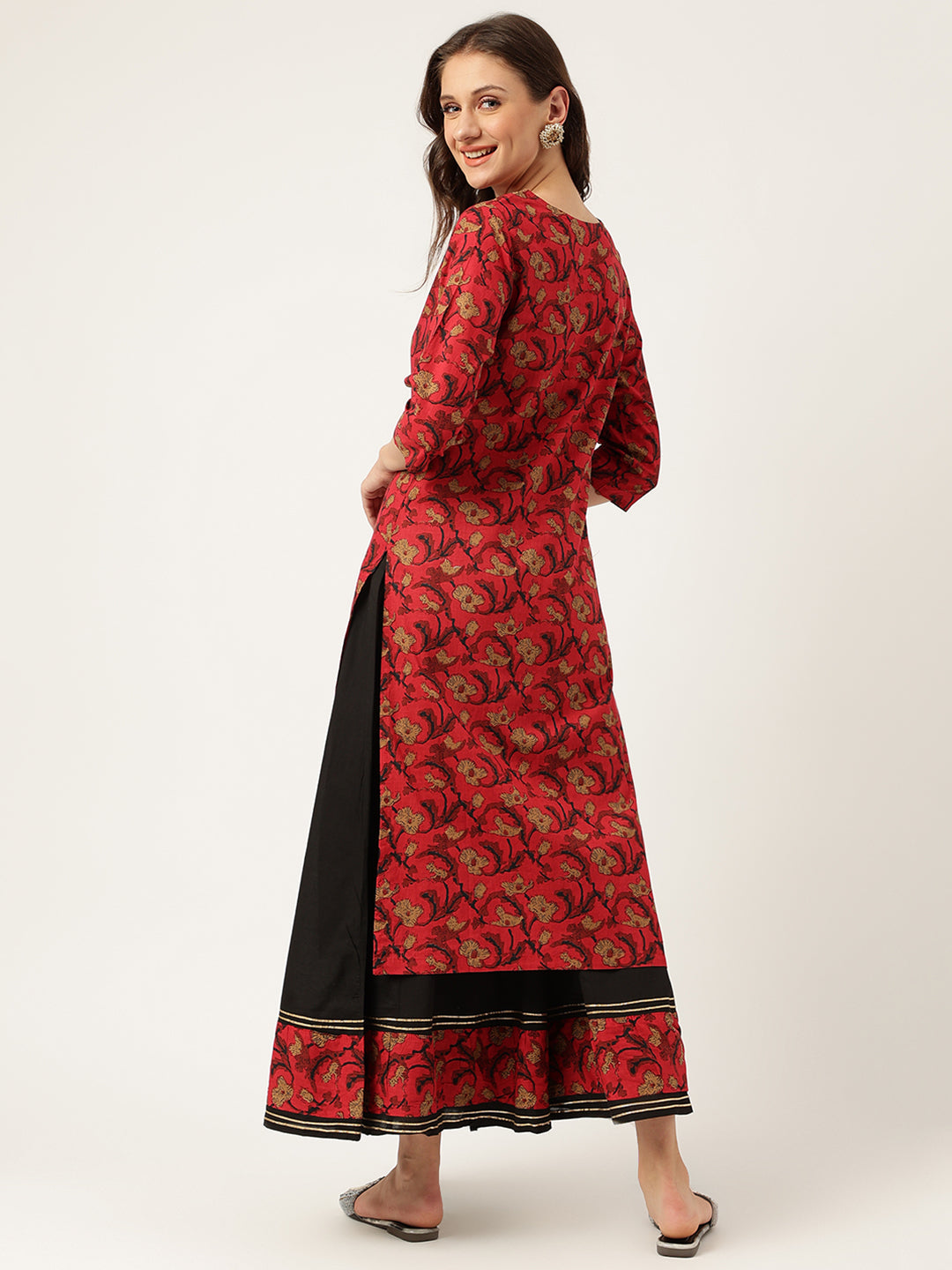 Red floral printed cotton kurta with black trim and side slits from a floral printed sharara set