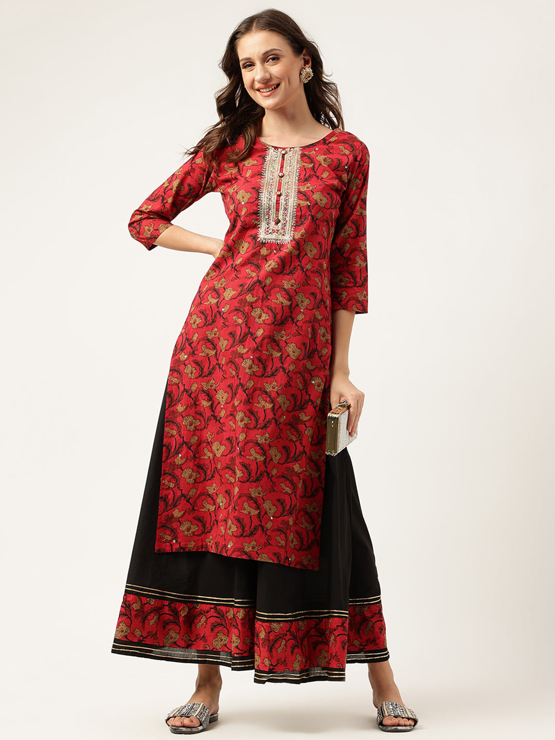 Red and black floral printed cotton kurta with embroidered neckline and sharara set