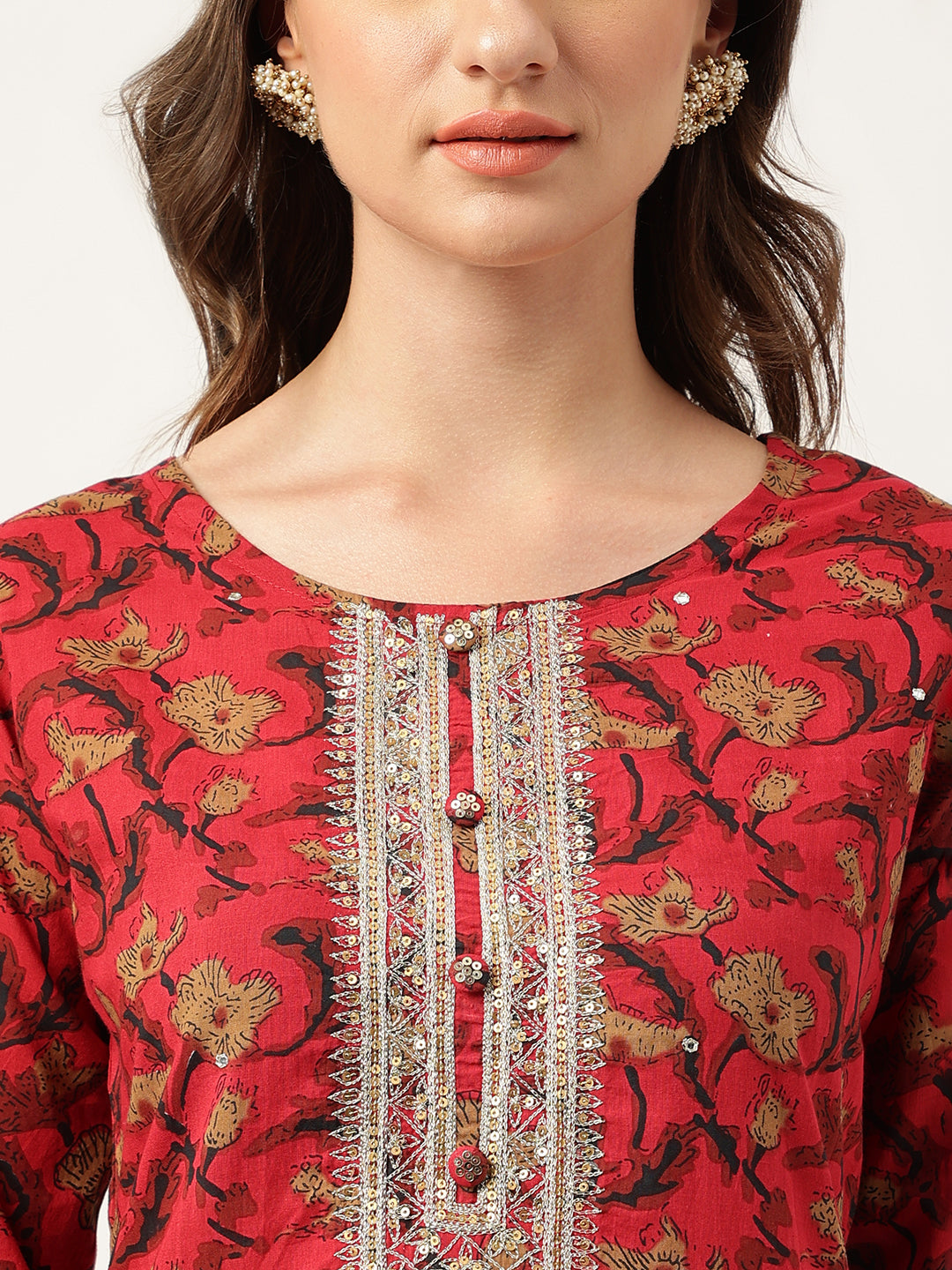 Red floral printed cotton kurta with embroidered front panel, part of floral printed sharara set