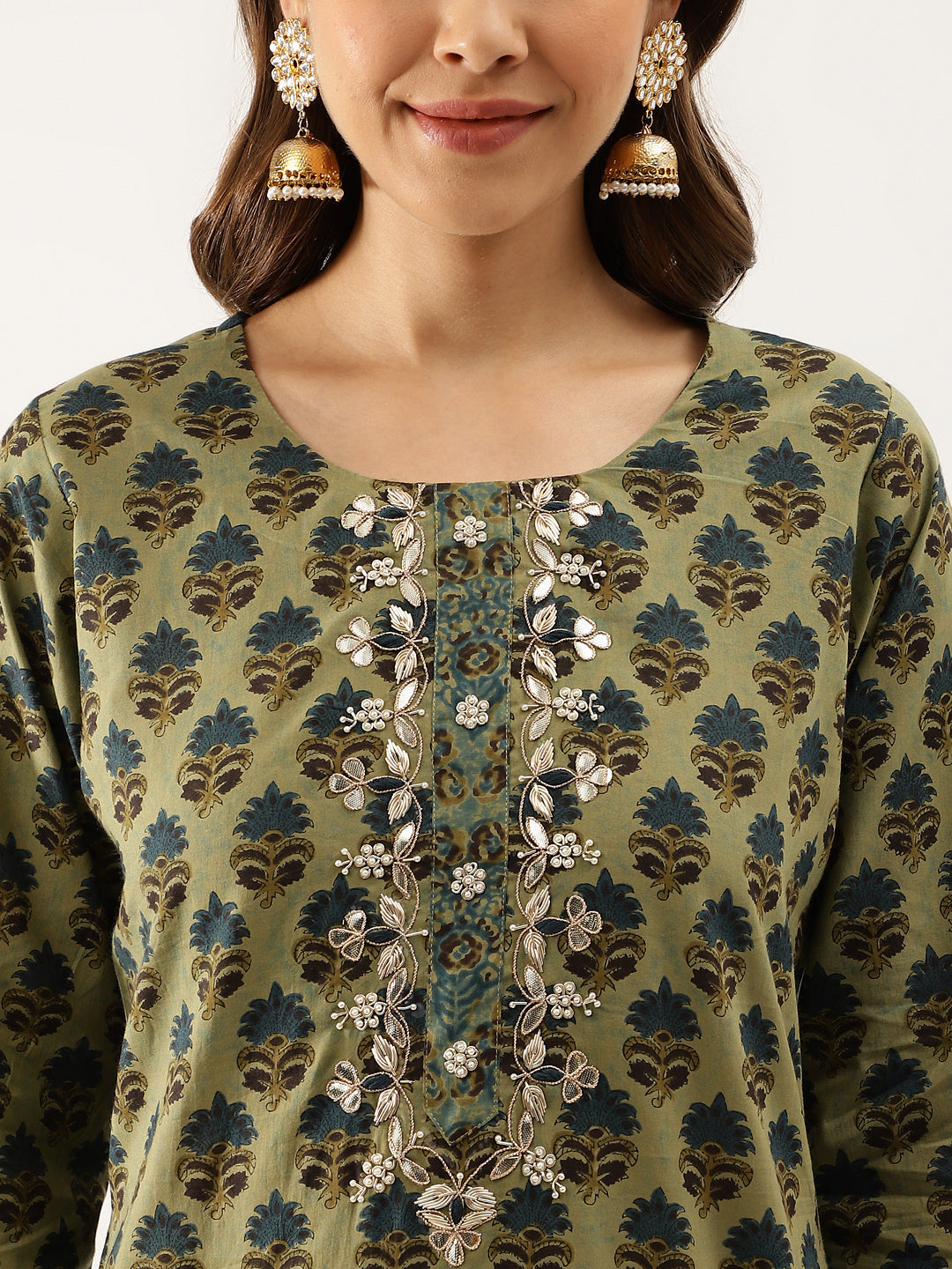 Olive green floral print cotton embroidered kurta with ornate center embroidery