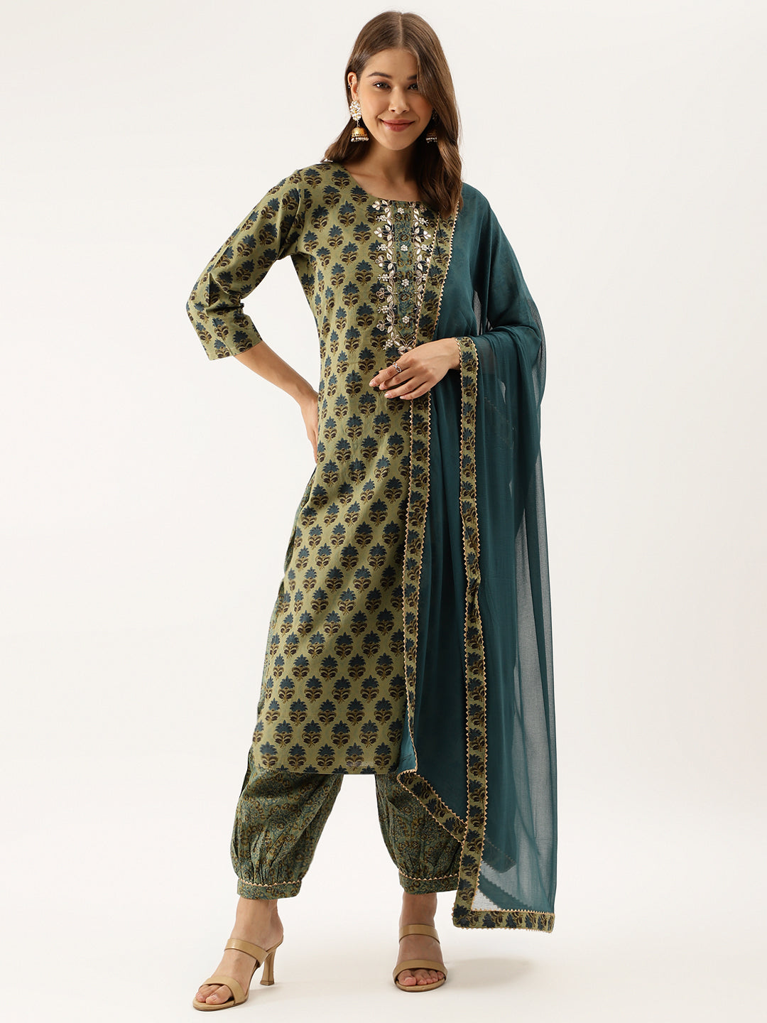 Green floral print cotton embroidered kurta set with teal dupatta and gold detailing